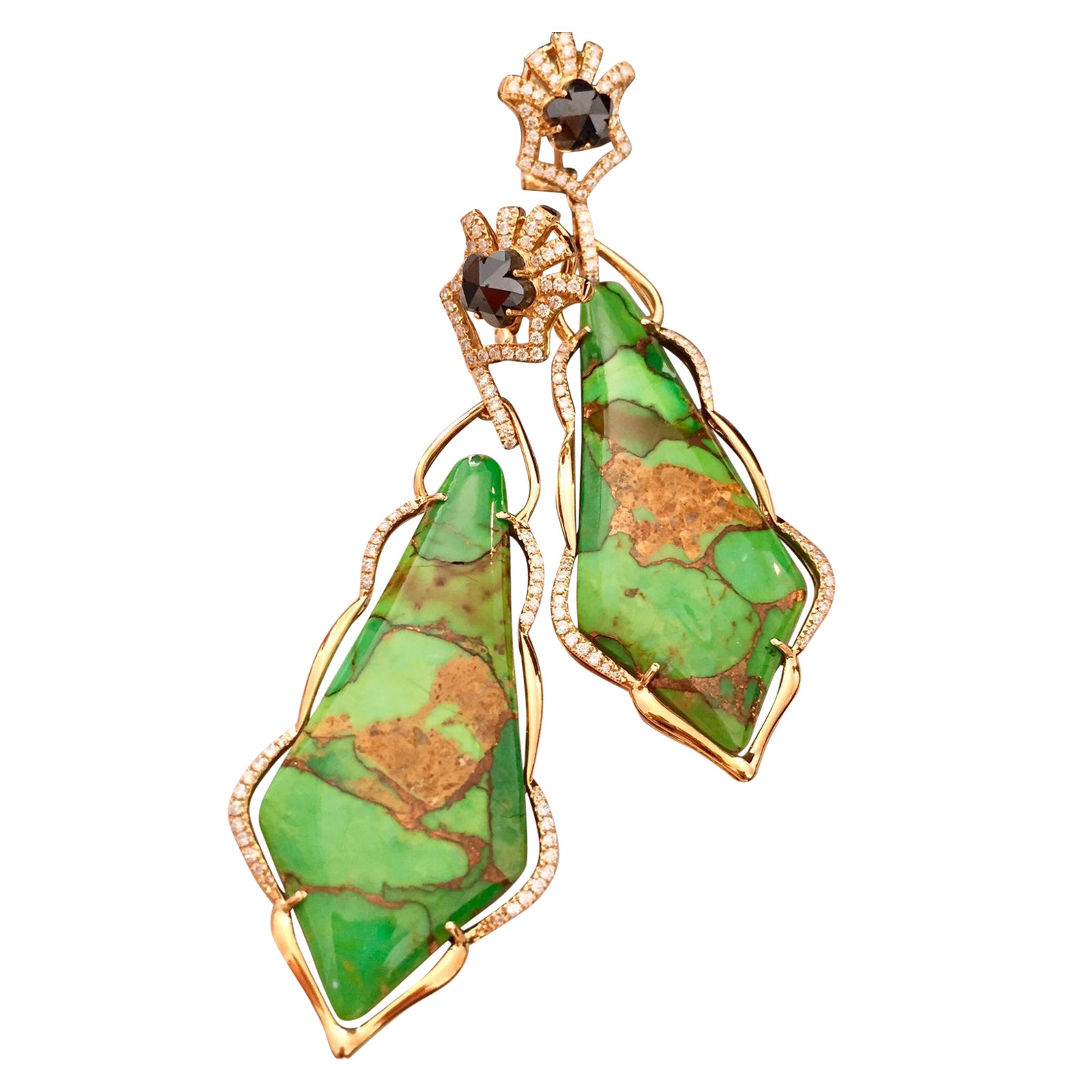 Ohrringe aus afghanischem grünem Türkis und Diamanten im Vintage-Stil. 
Sommer-Accessoire für den Sommer.