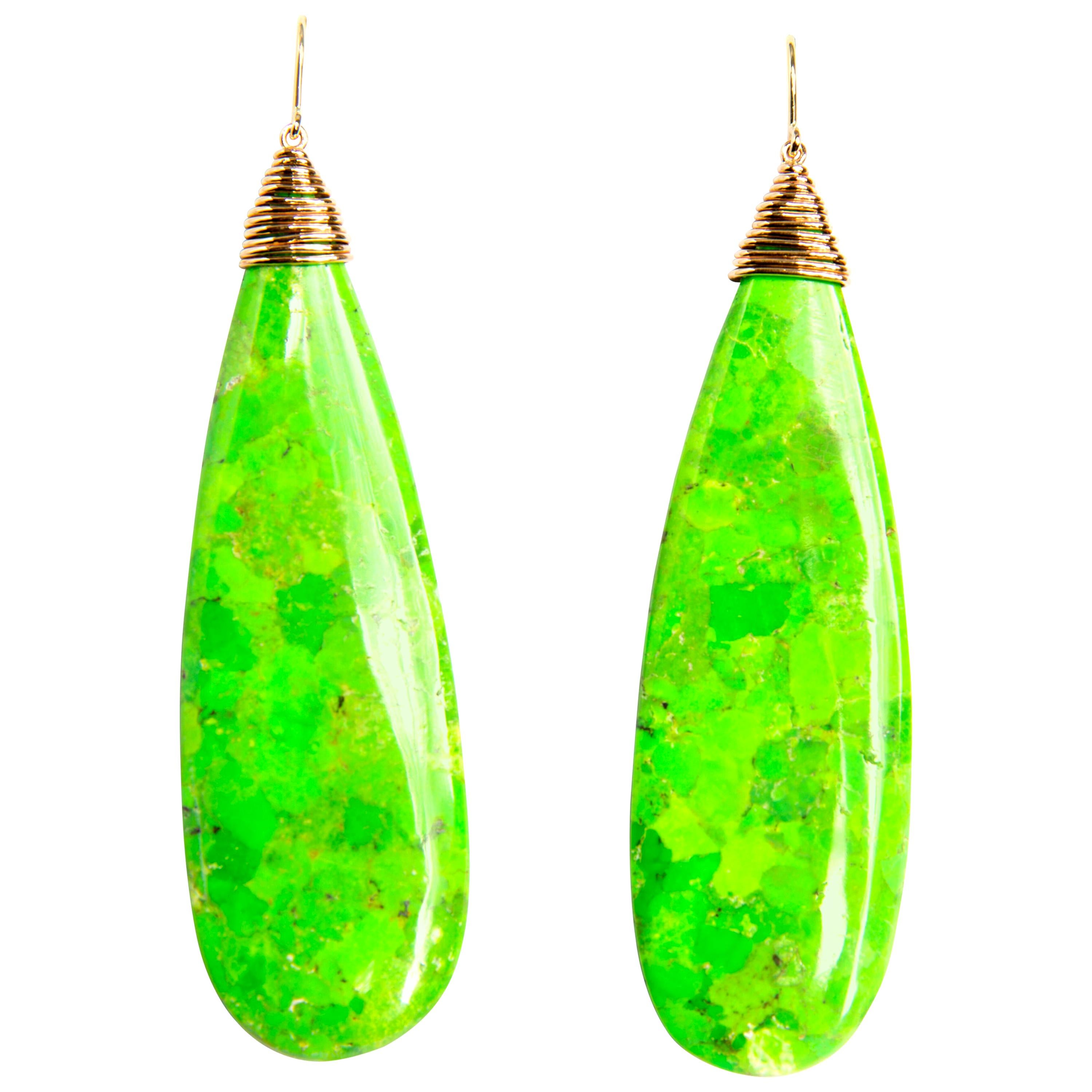 Green Turquoise and Red Gold 18 Karat Dangle Earrings For Sale
