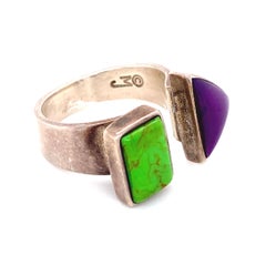 Green Turquoise and Sugilite Designer Sterling Silver Split Top Ring Estate Find