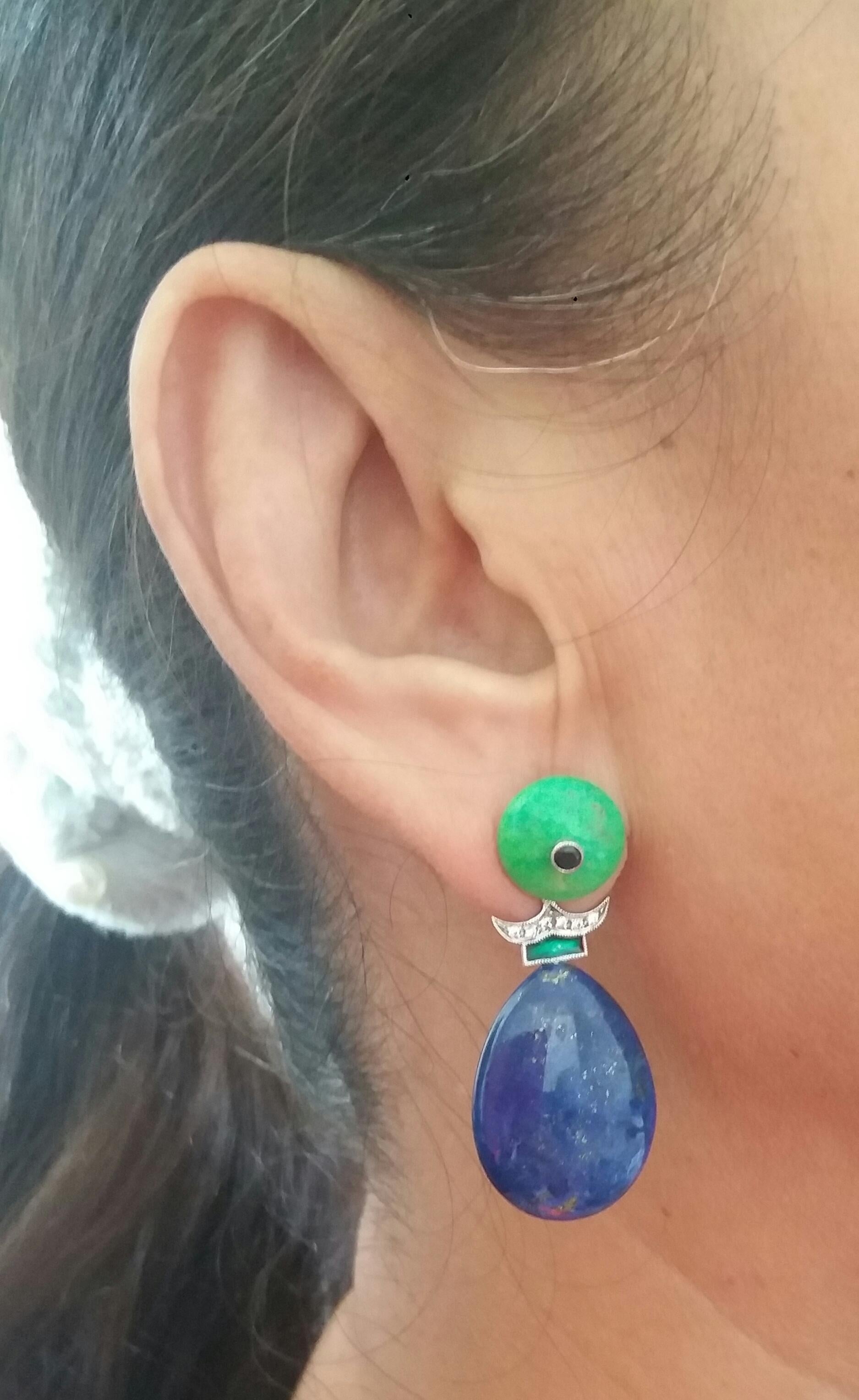 Green Turquoise Blue Sapphires Lapislazuli Green Enamels Diamonds Gold Earrings For Sale 5