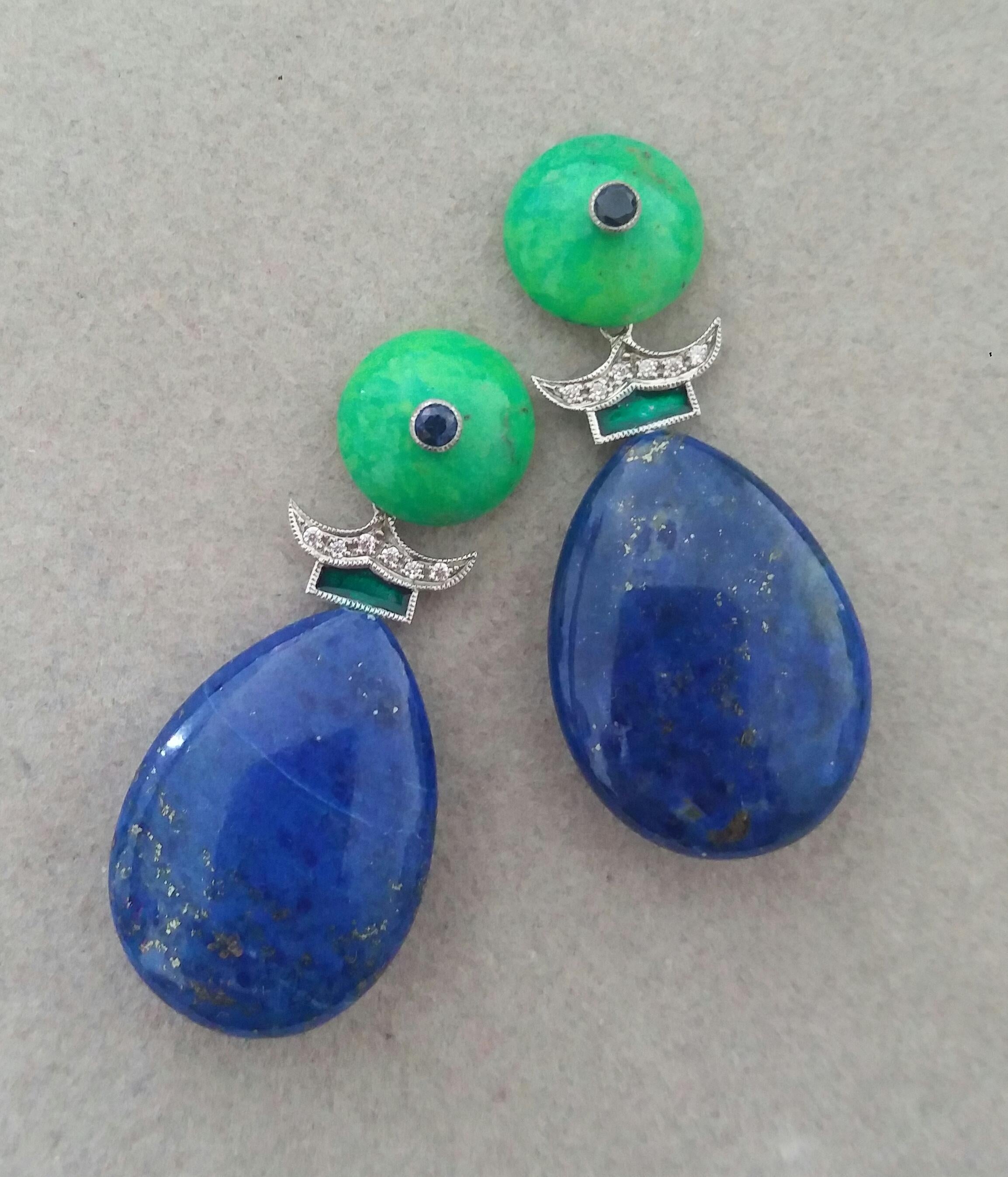 Art Deco Green Turquoise Blue Sapphires Lapislazuli Green Enamels Diamonds Gold Earrings For Sale