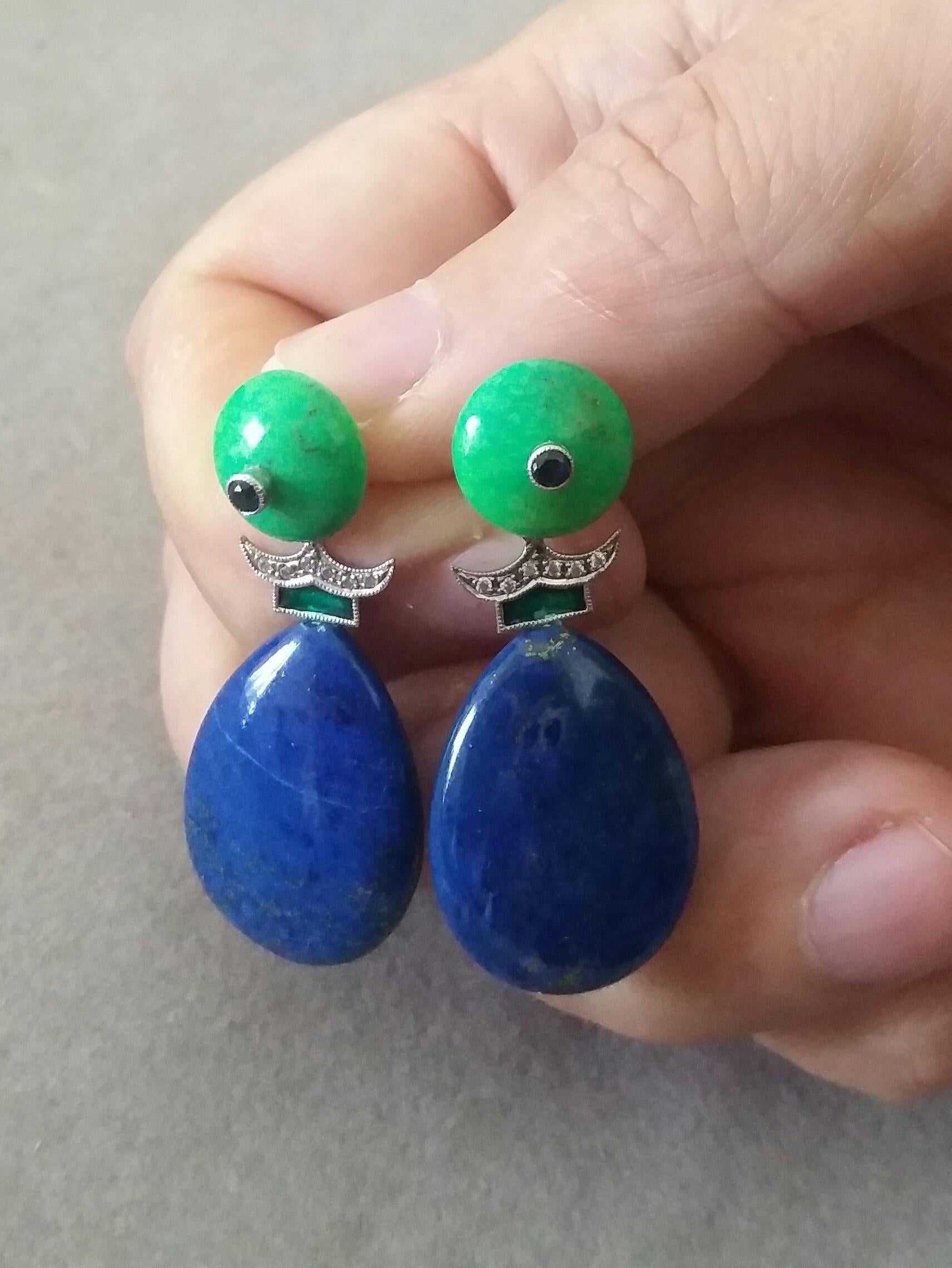Green Turquoise Blue Sapphires Lapislazuli Green Enamels Diamonds Gold Earrings In Good Condition For Sale In Bangkok, TH