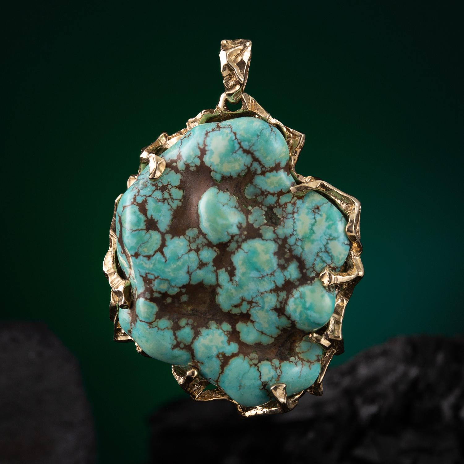 An amazing large 14K yellow gold necklace with natural lavender color Turquoise 
turquoise origin - Golden Hills mine, Kazakhstan
stone measurements - 0.35 х 1.26 х 1.54 in / 9 х 32 х 39 mm
stone weight - 58.80 carats
pendant weight - 20.50