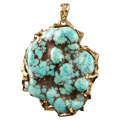 Used Turquoise nugget gold pendant Large Gem Necklace Green blue stone