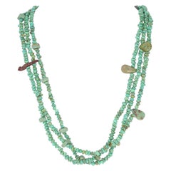 Green Turquoise Native American Necklace Sterling Silver Carved Wood Fetish