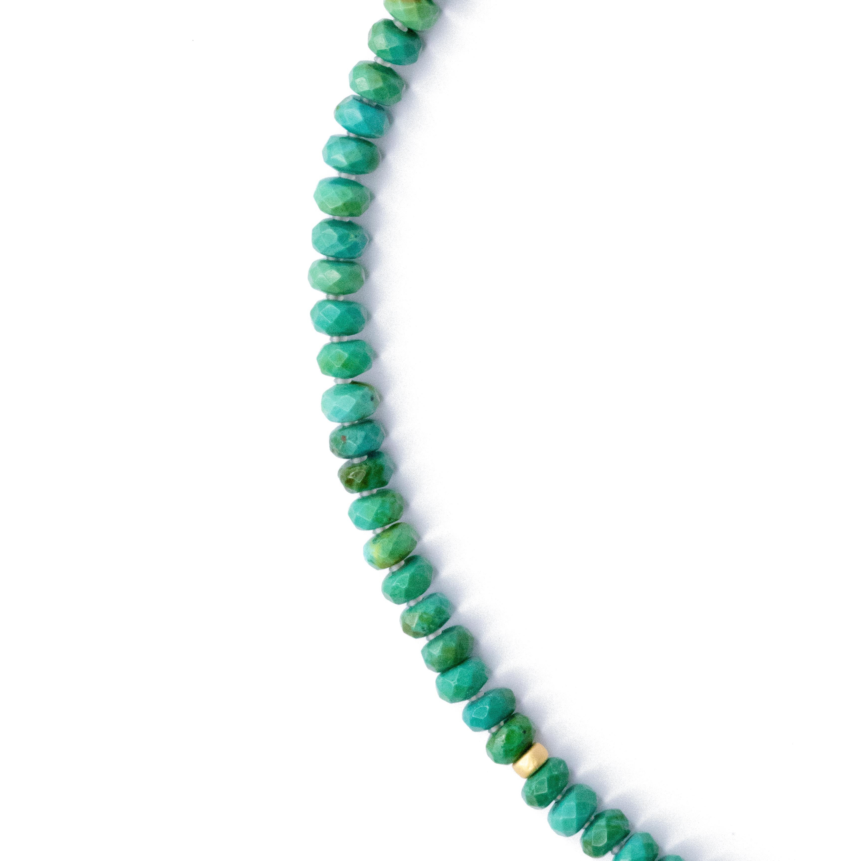 Necklace featuring graduated Green Turquoise. Fastens with a 20K Gold Plated Sterling Silver hook closure.
	•	16