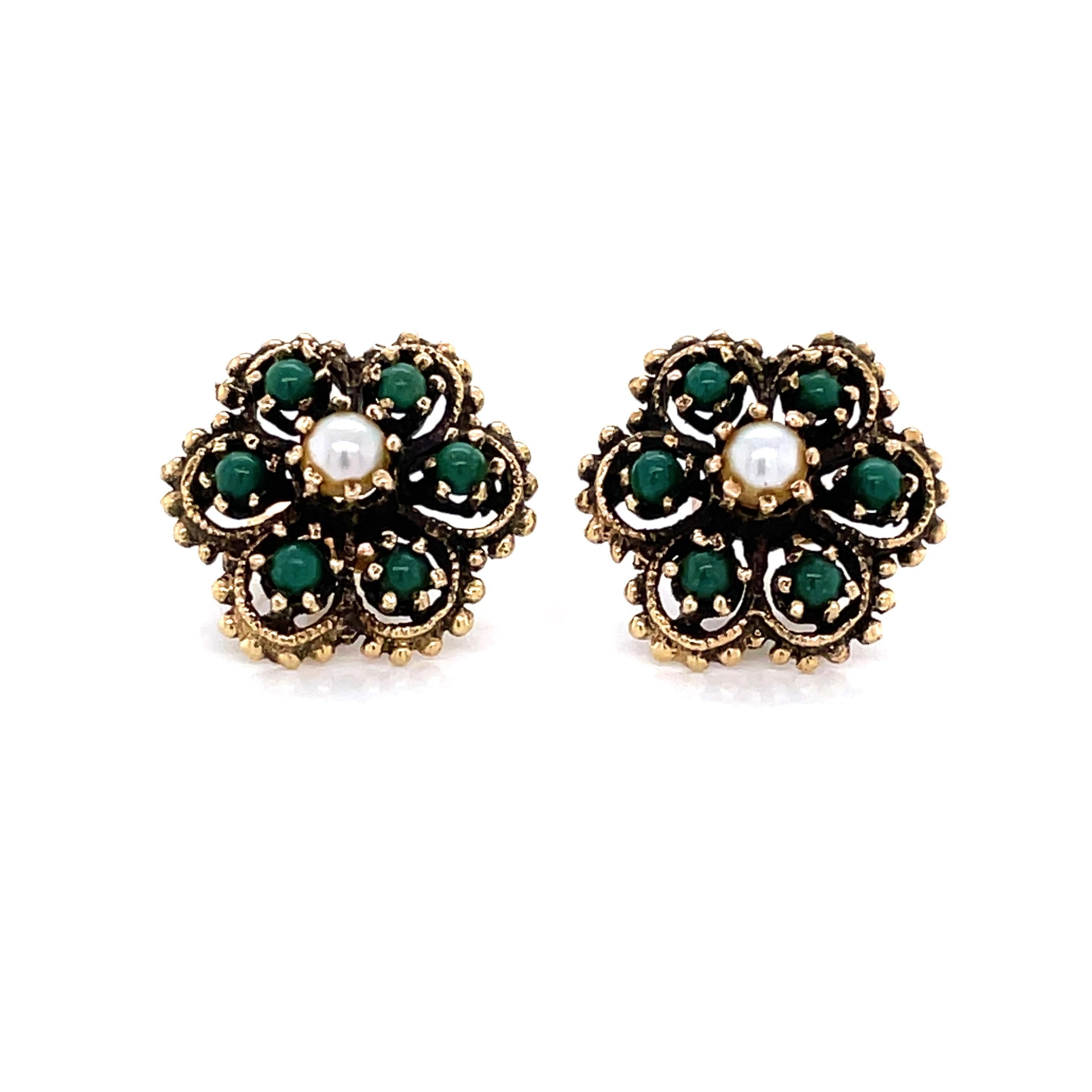 Round Cut Green Turquoise Pearl 14 Karat Yellow Gold Antique Style Floral Stud Earrings For Sale