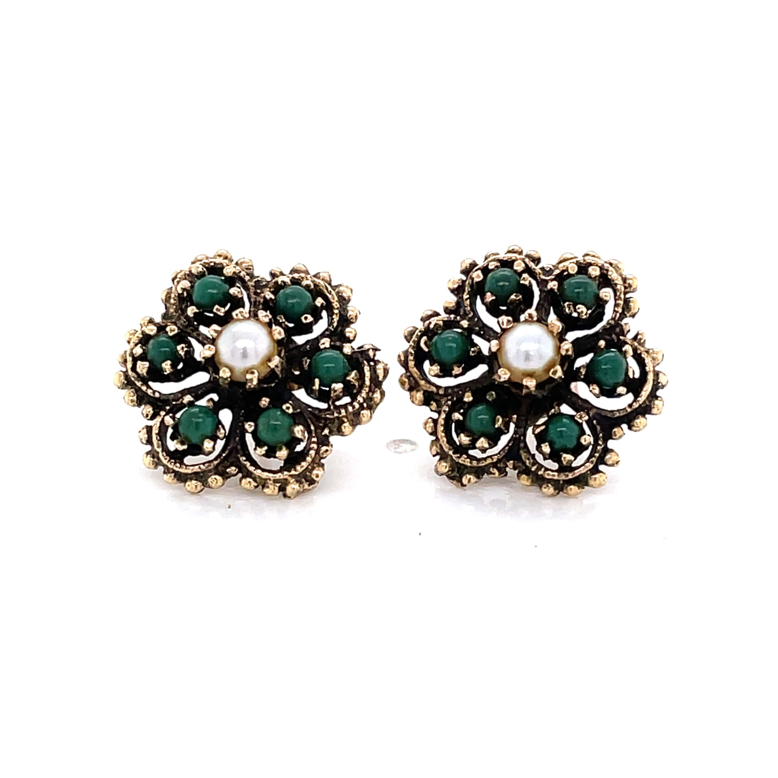 Green Turquoise Pearl 14 Karat Yellow Gold Antique Style Floral Stud Earrings In New Condition For Sale In Mount Kisco, NY