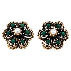 Green Turquoise Pearl 14 Karat Yellow Gold Antique Style Floral Stud Earrings