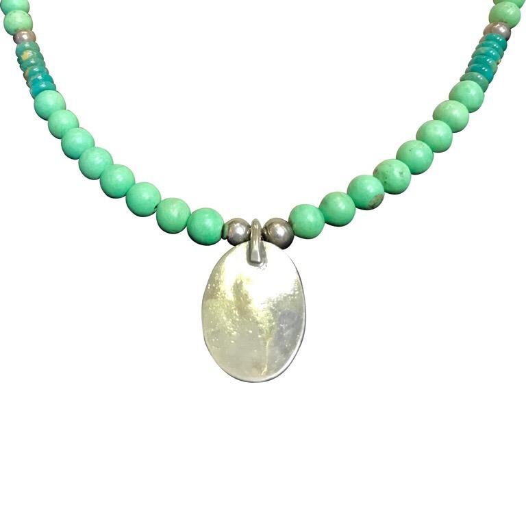 Modern Exolette Green Turquoise Pendant Set in Silver on Turquoise Jade Silver Necklace For Sale
