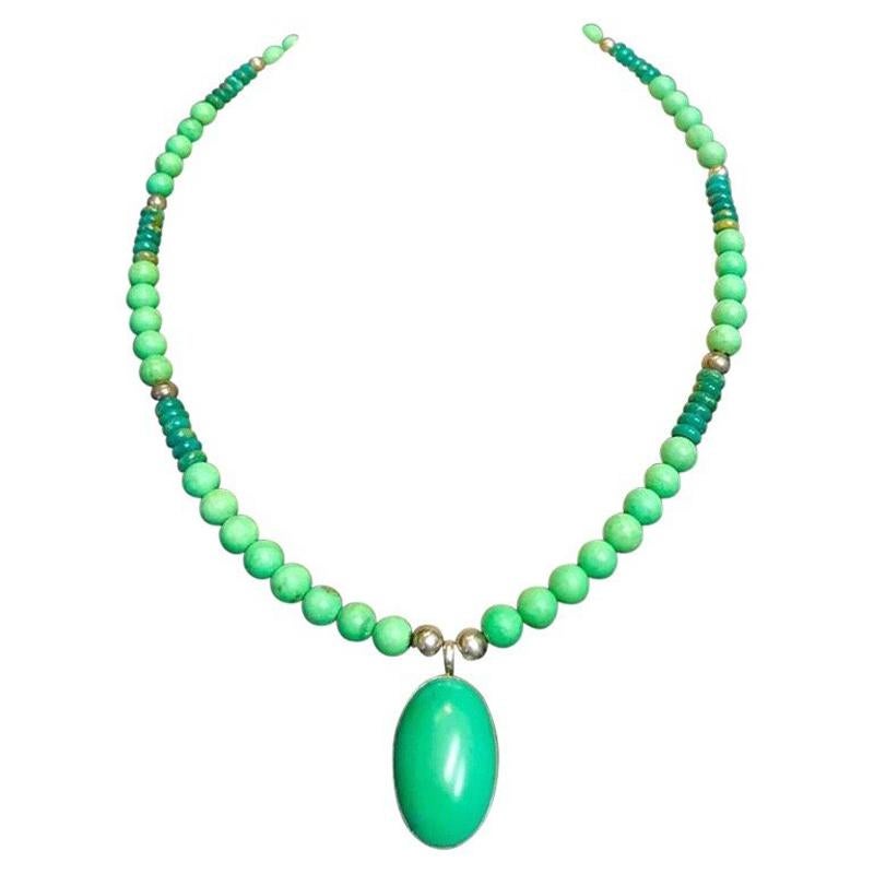 Exolette Green Turquoise Pendant Set in Silver on Turquoise Jade Silver Necklace For Sale