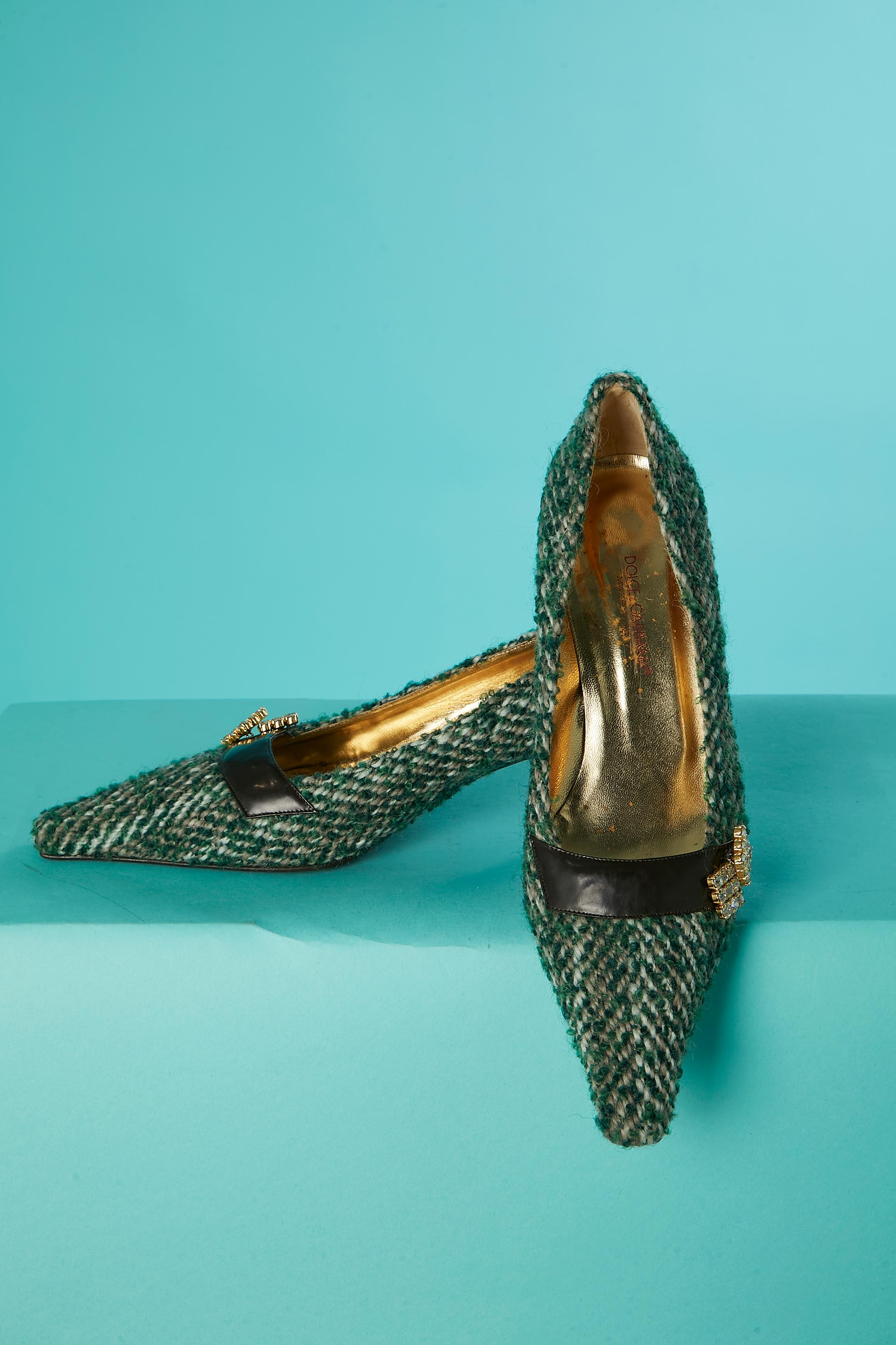 Black Green tweed and rhinestone low heels pump Dolce & Gabbana  For Sale