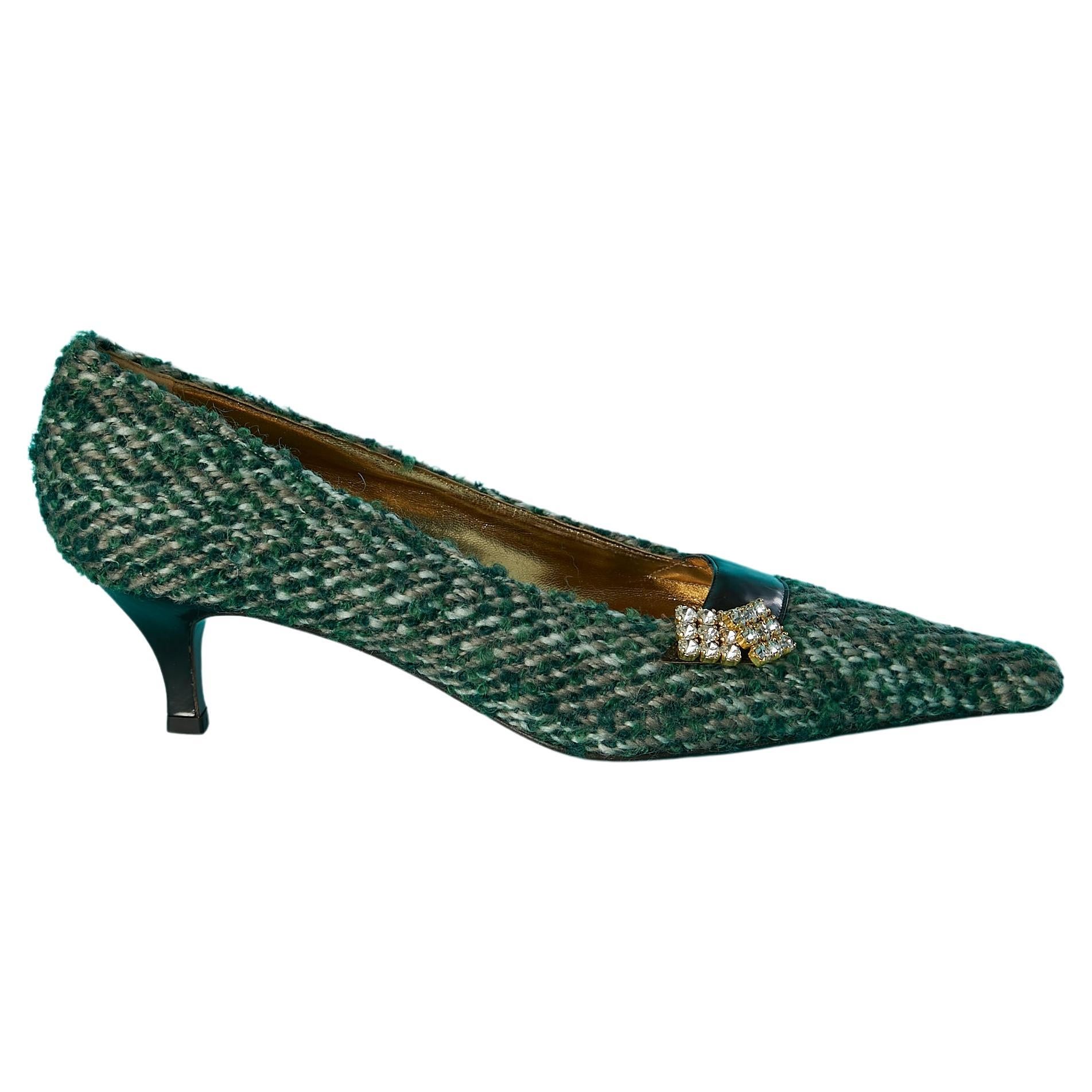 Green tweed and rhinestone low heels pump Dolce & Gabbana  For Sale