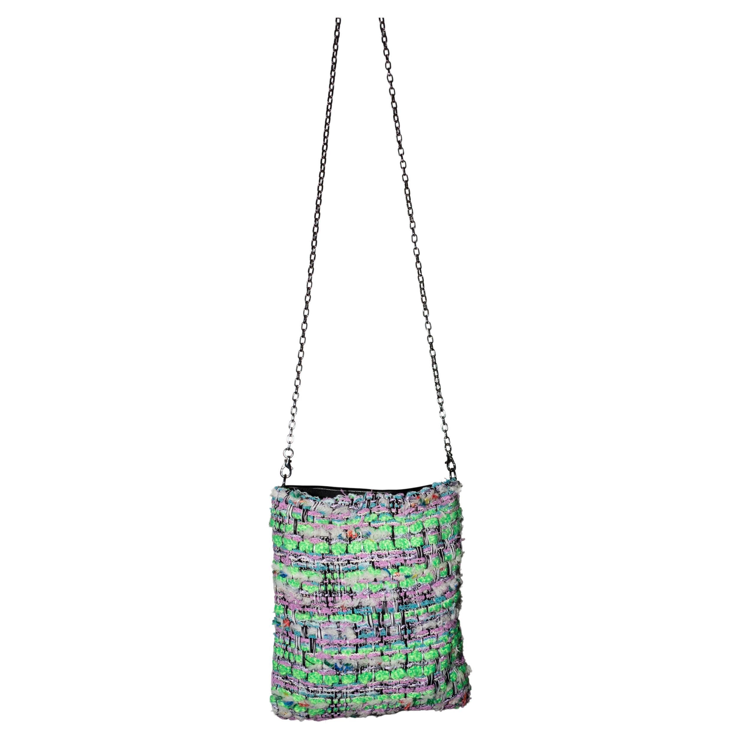 Women's Neon Green Tweed Black Italian Napa Leather Shoulder Chain Evening Bag J Dauphin For Sale
