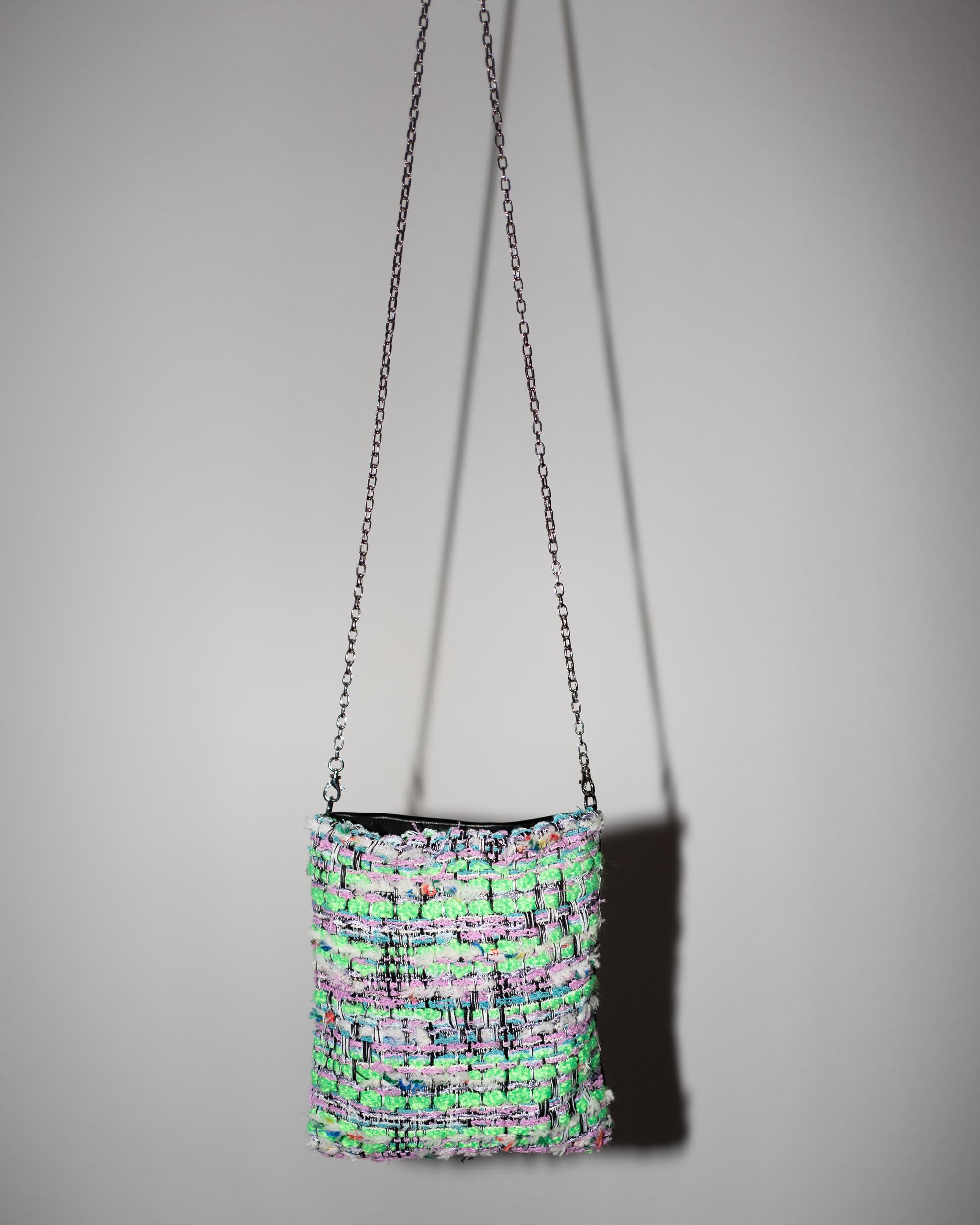 Neon Green Tweed Black Italian Napa Leather Shoulder Chain Evening Bag J Dauphin For Sale 2