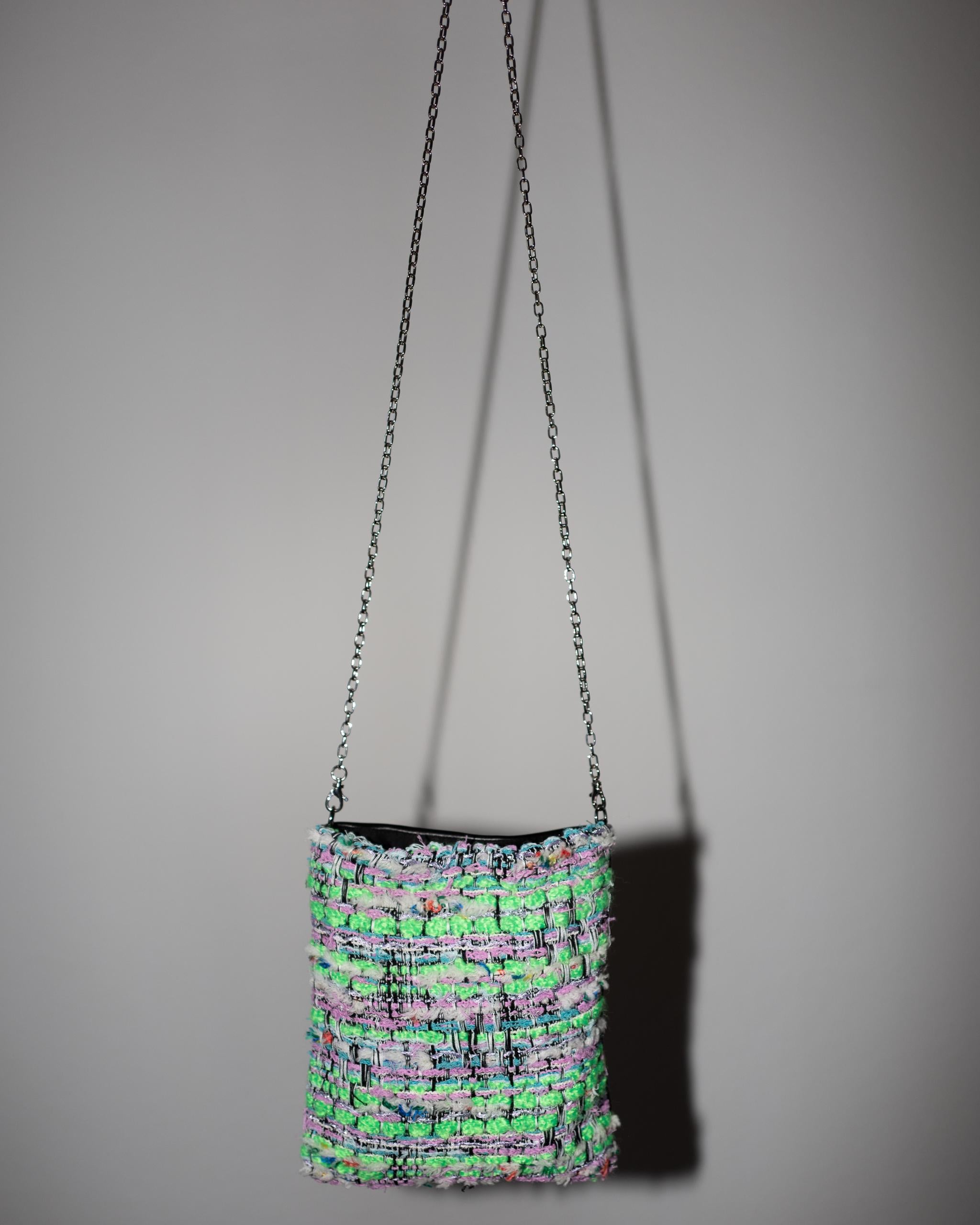 Neon Green Tweed Black Italian Napa Leather Shoulder Chain Evening Bag J Dauphin For Sale 3