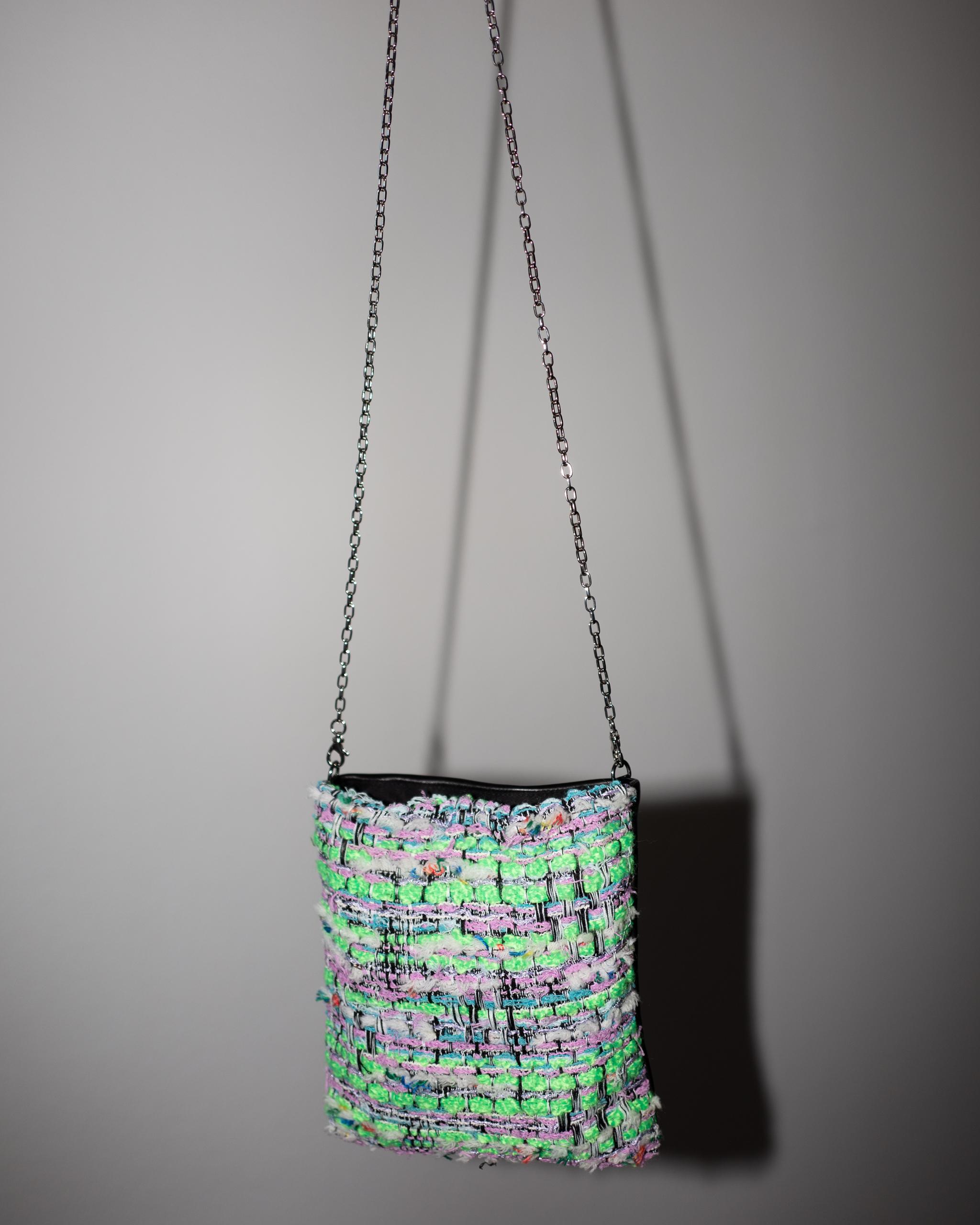 Neon Green Tweed Black Italian Napa Leather Shoulder Chain Evening Bag J Dauphin For Sale 4