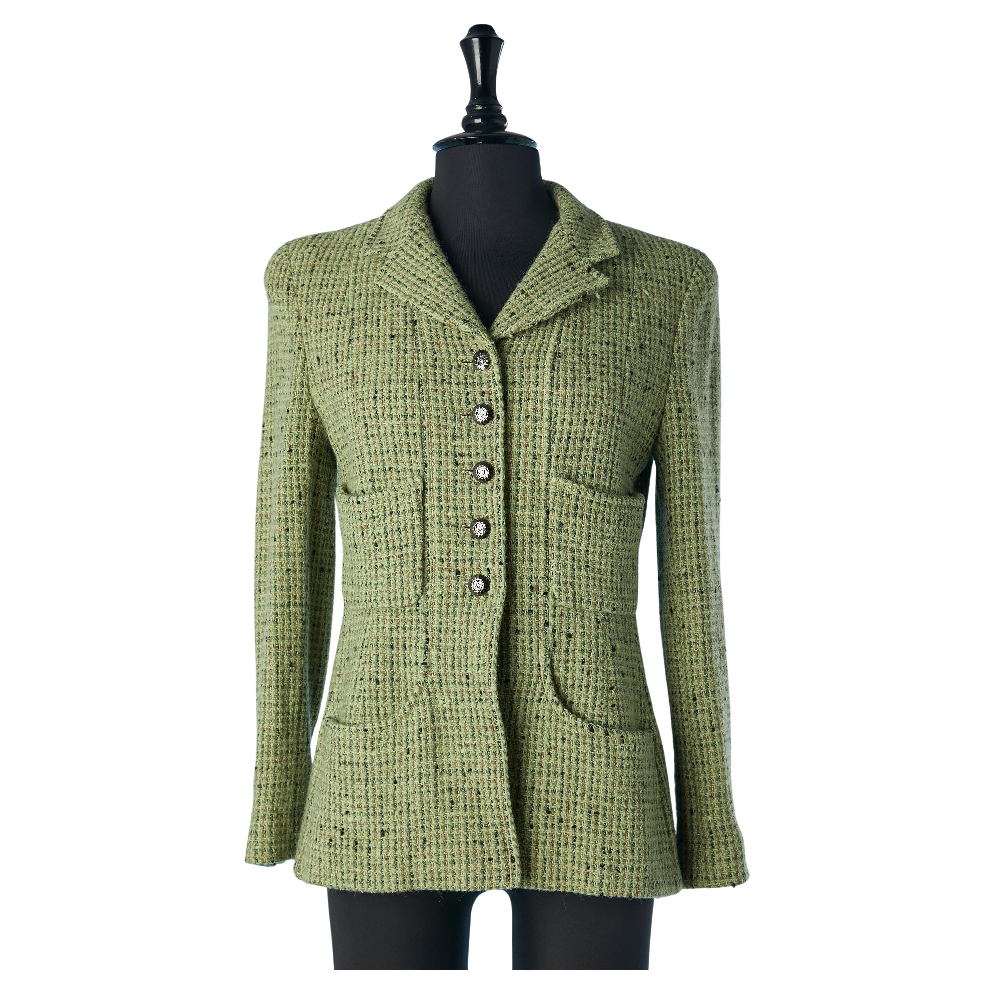 Green tweed single breasted jacket Chanel Boutique  For Sale