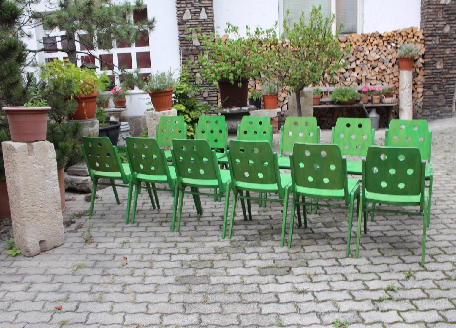 This set of 12 green vintage Mid-Century Modern dining chairs named Austro chair was designed by Franz Schuster 1959 Austria and executed by Wiesner Hager.
Also the dining chairs are partly labeled with a paper label. A special attribute is that