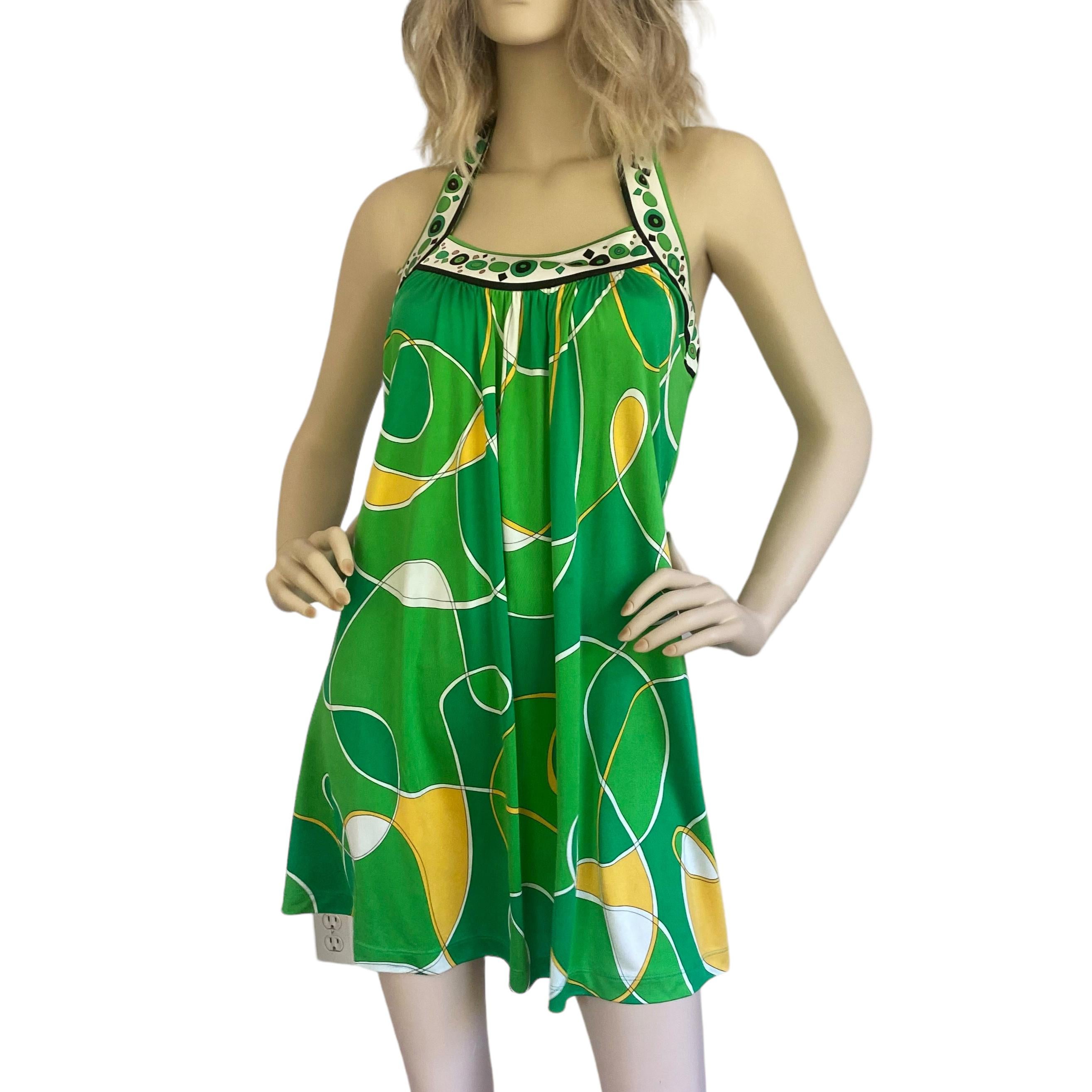 Women's Green Twin Print Silk Jersey Mini Halter Dress For Sale