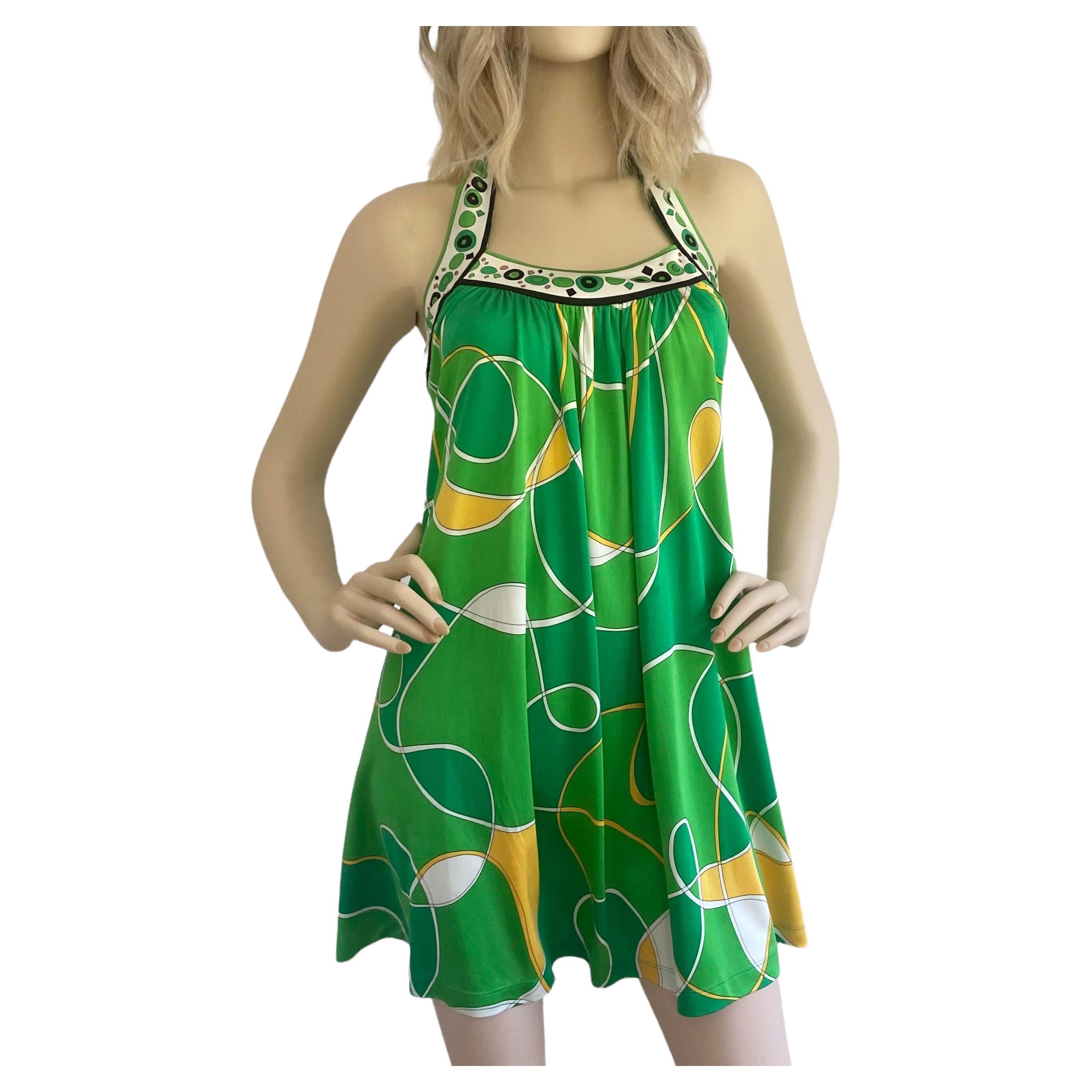 Green Twin Print Silk Jersey Mini Halter Dress For Sale