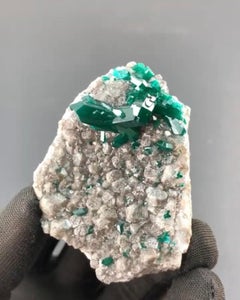 Green Twinned Dioptase Crystals On Calcite Matrix From Republic Of Congo