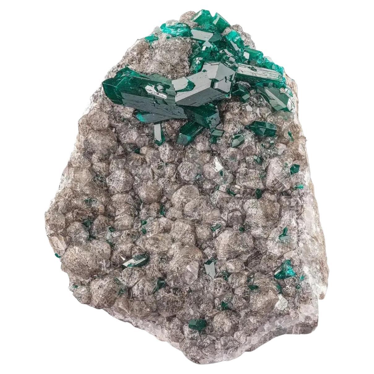 Green Twinned Dioptase Crystals On Calcite Matrix From Republic Of Congo