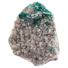 Green Twinned Dioptase Crystals On Calcite Matrix From Republic Of Congo