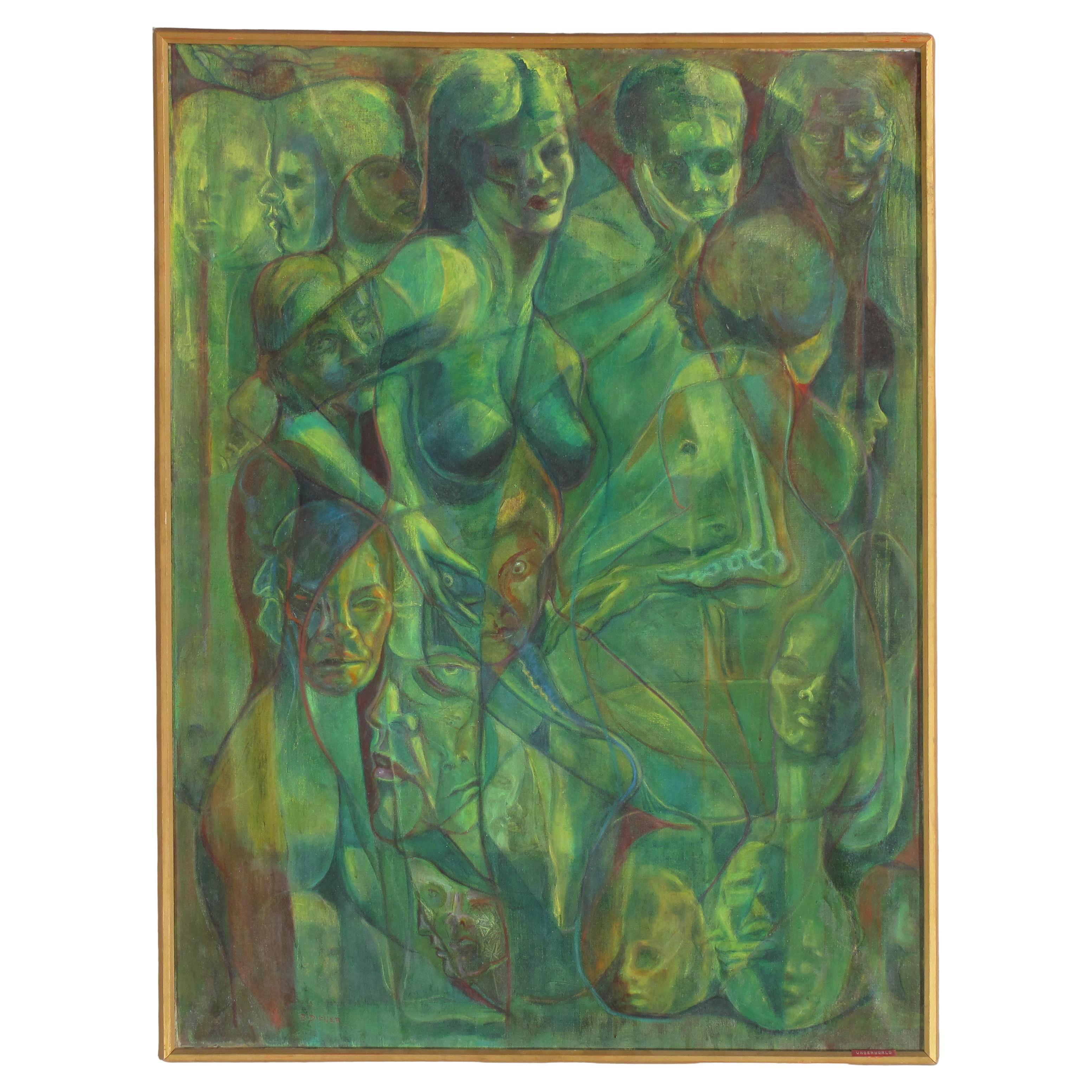 Peinture à l'acrylique verte « Underworld » sur toile, femmes nues