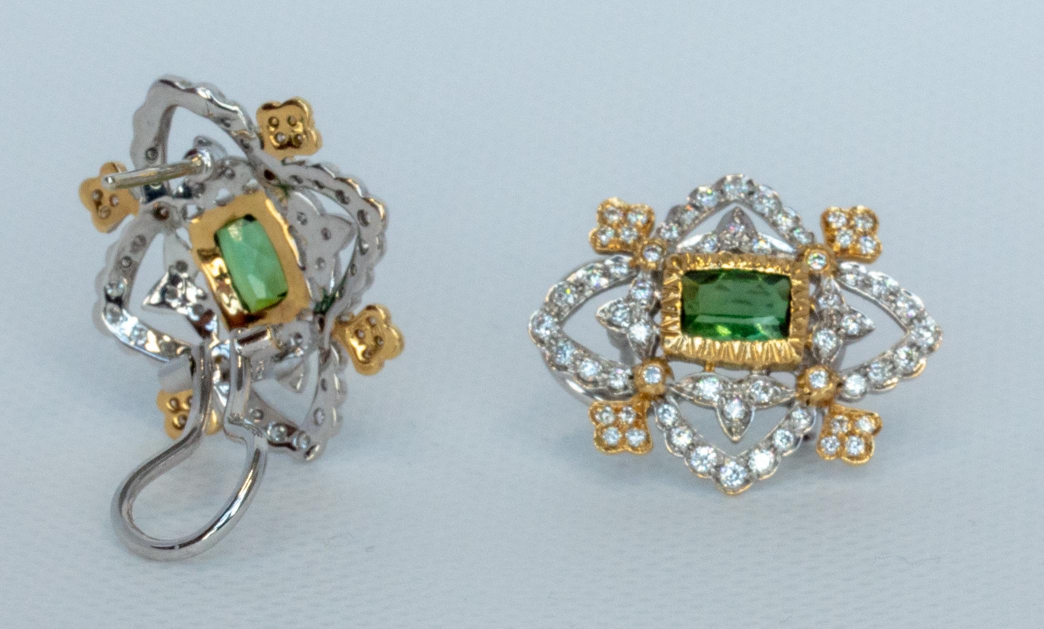 Edwardian 18 Karat Gold Green Unheated Natural Tourmaline and Diamonds Earrings