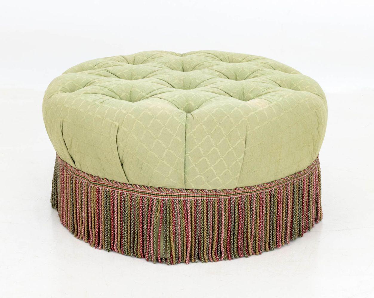 Green Upholstered Button-Tufted Circular Ottoman. 
16