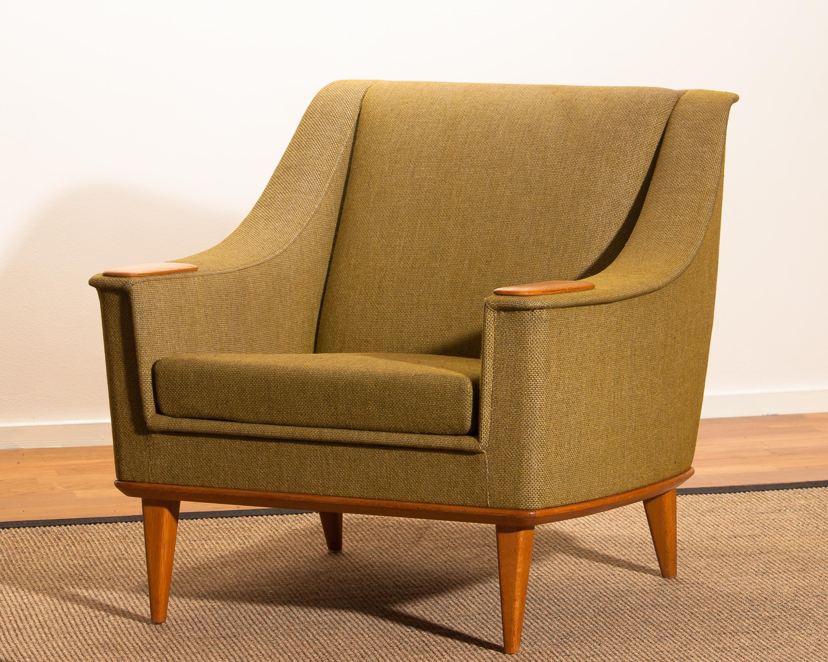 Fabric Green Upholstered Oak Lounge / Easy Chair by Folke Ohlsson for DUX 1960 Sweden