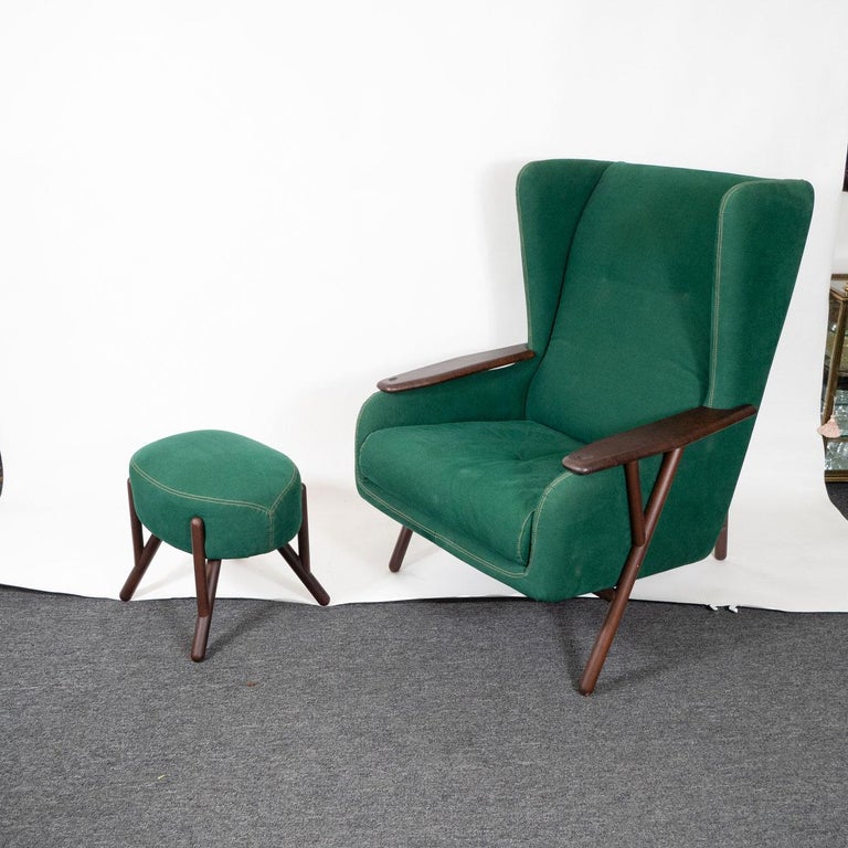 Green Upholstered Wingback Chair with Ottoman For Sale at 1stDibs