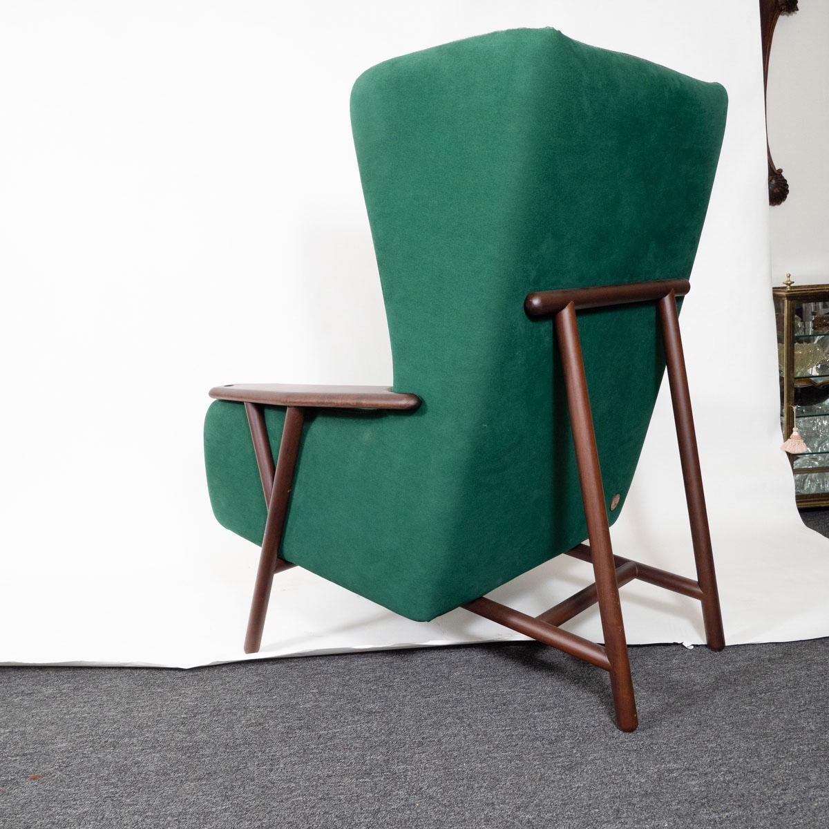 Green Upholstered Wingback Chair with Ottoman by Paolo Alvez In Good Condition For Sale In Tarrytown, NY