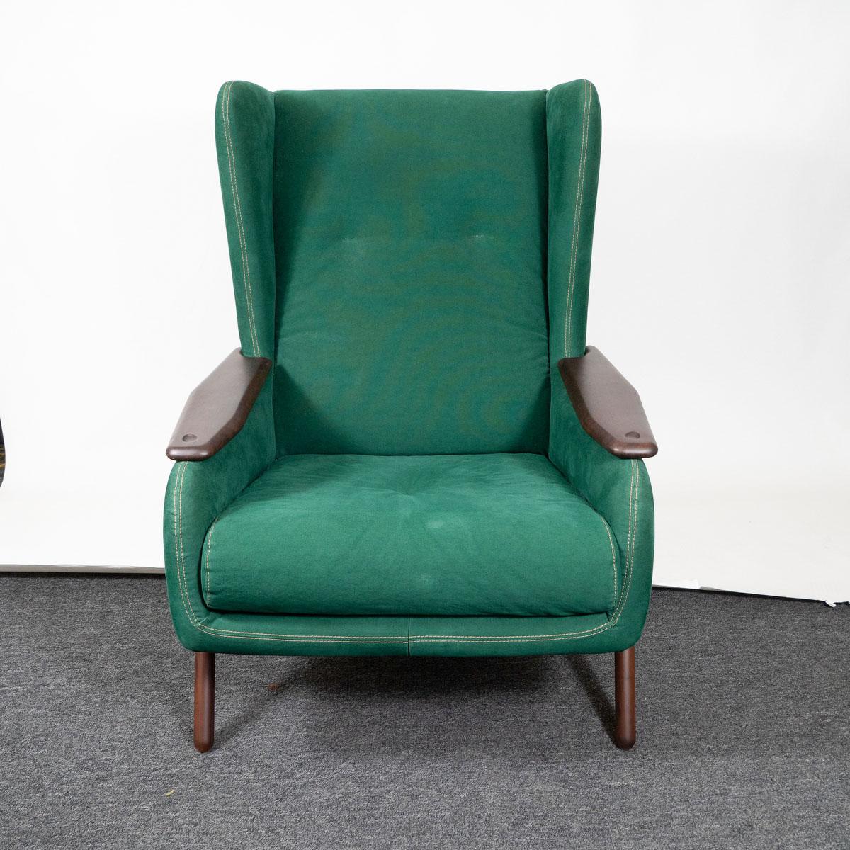 Mid-20th Century Green Upholstered Wingback Chair with Ottoman by Paolo Alvez For Sale