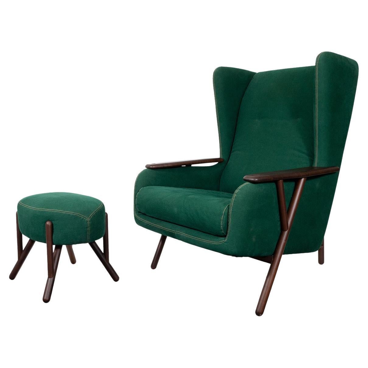 Green Upholstered Wingback Chair with Ottoman by Paolo Alvez