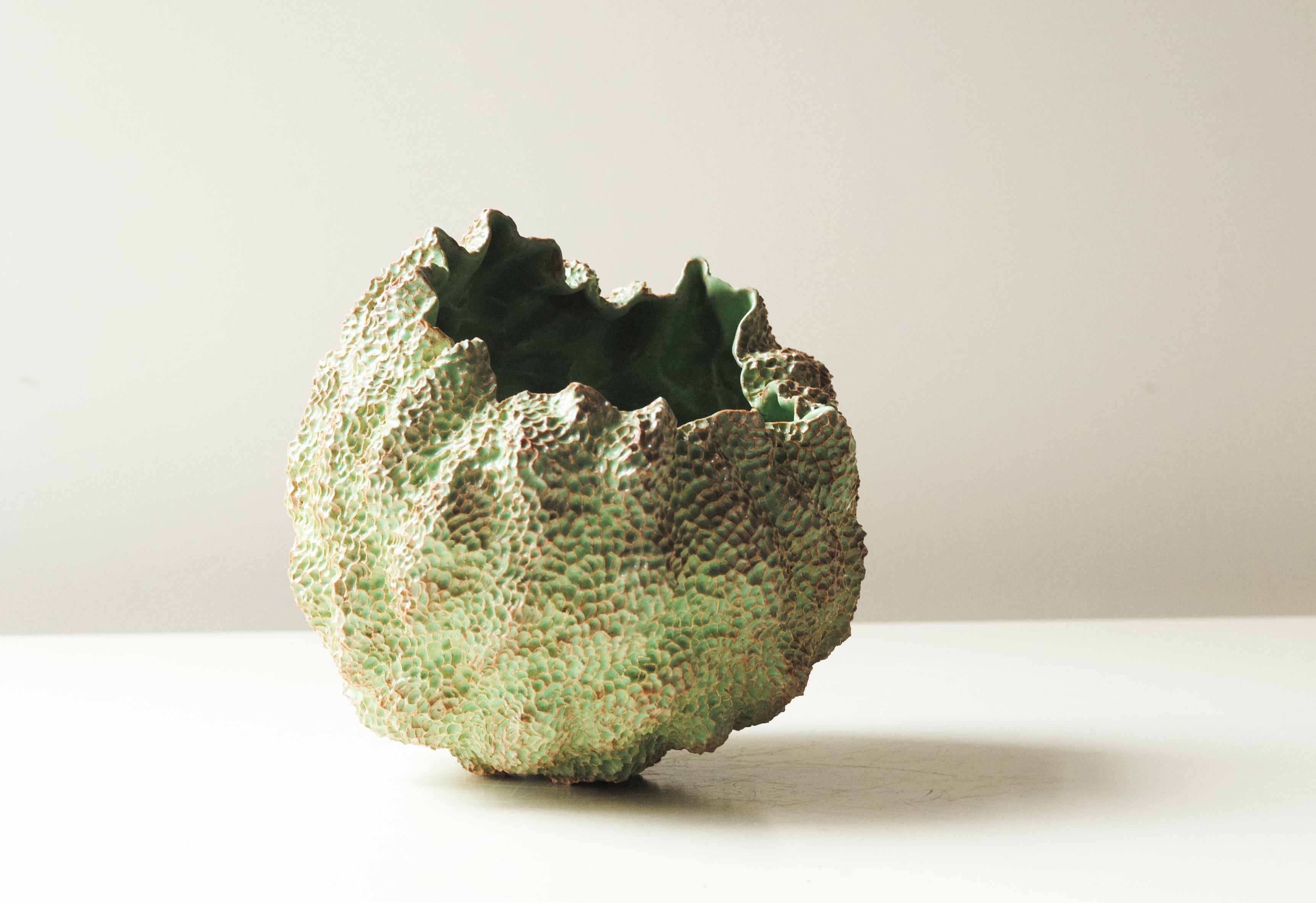 Modern Green Urchin Ceramic Carved Sculpture by Lana Kova