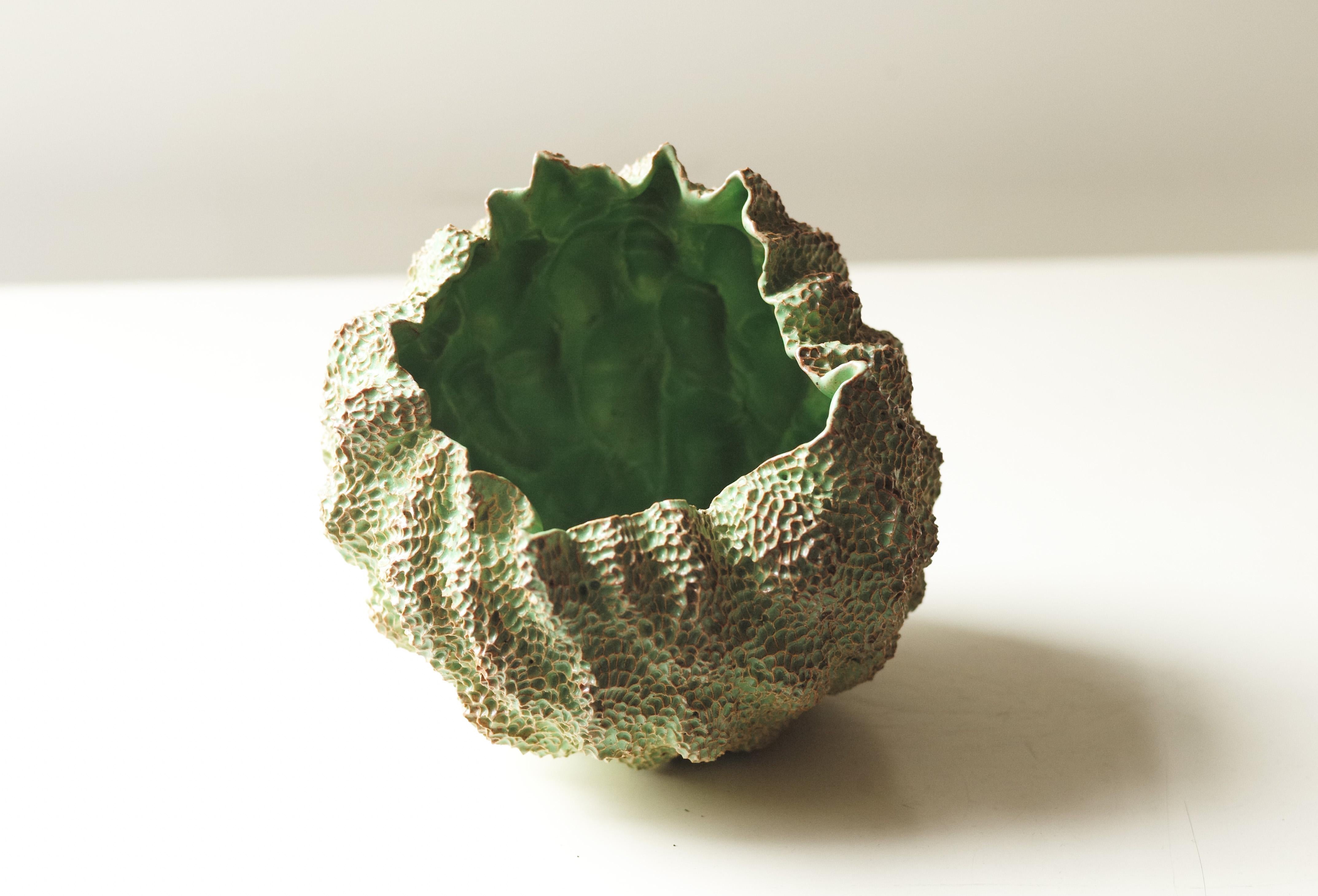 American Green Urchin Ceramic Carved Sculpture by Lana Kova