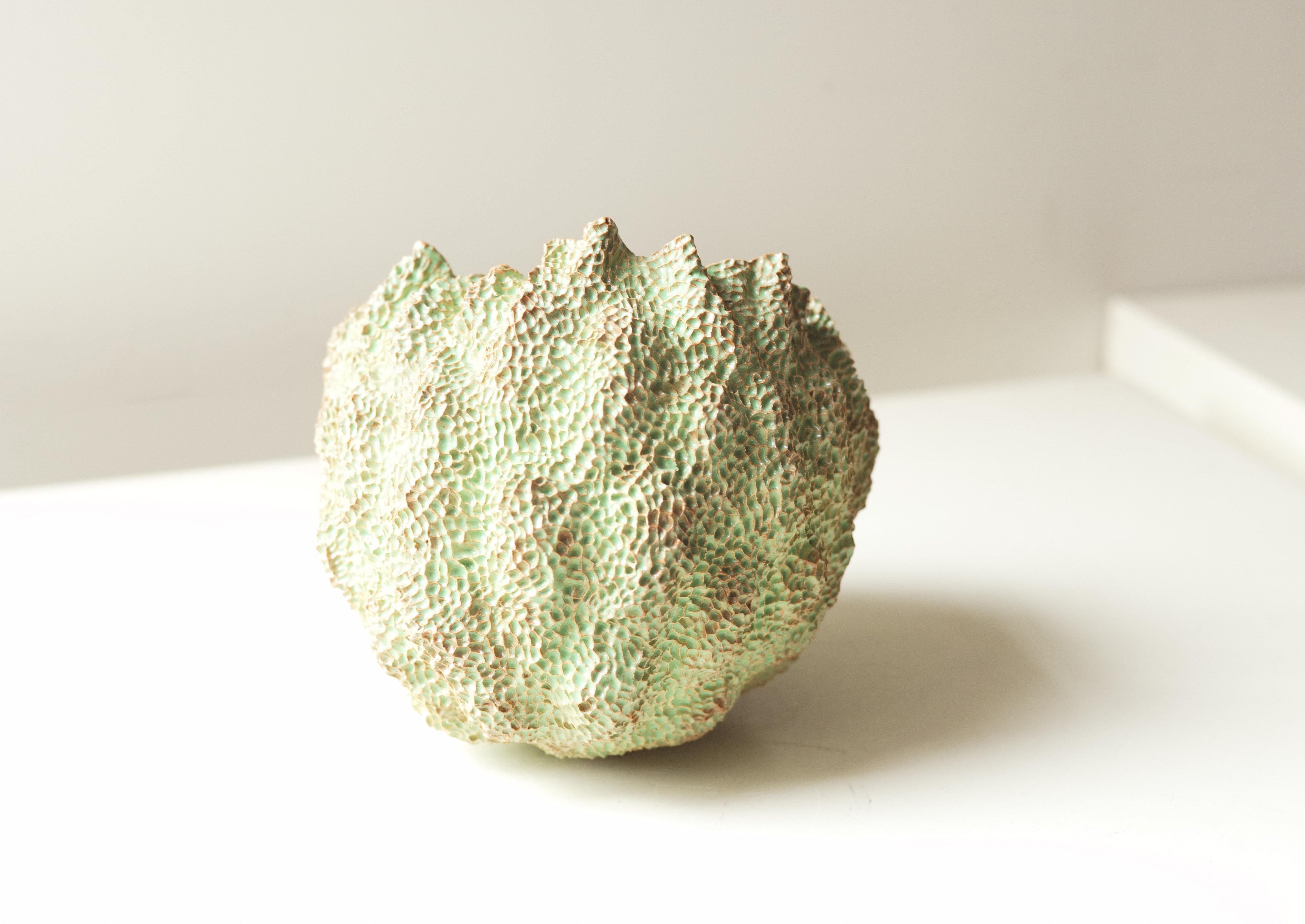 Green Urchin Ceramic Carved Sculpture by Lana Kova In New Condition In New York City, NY