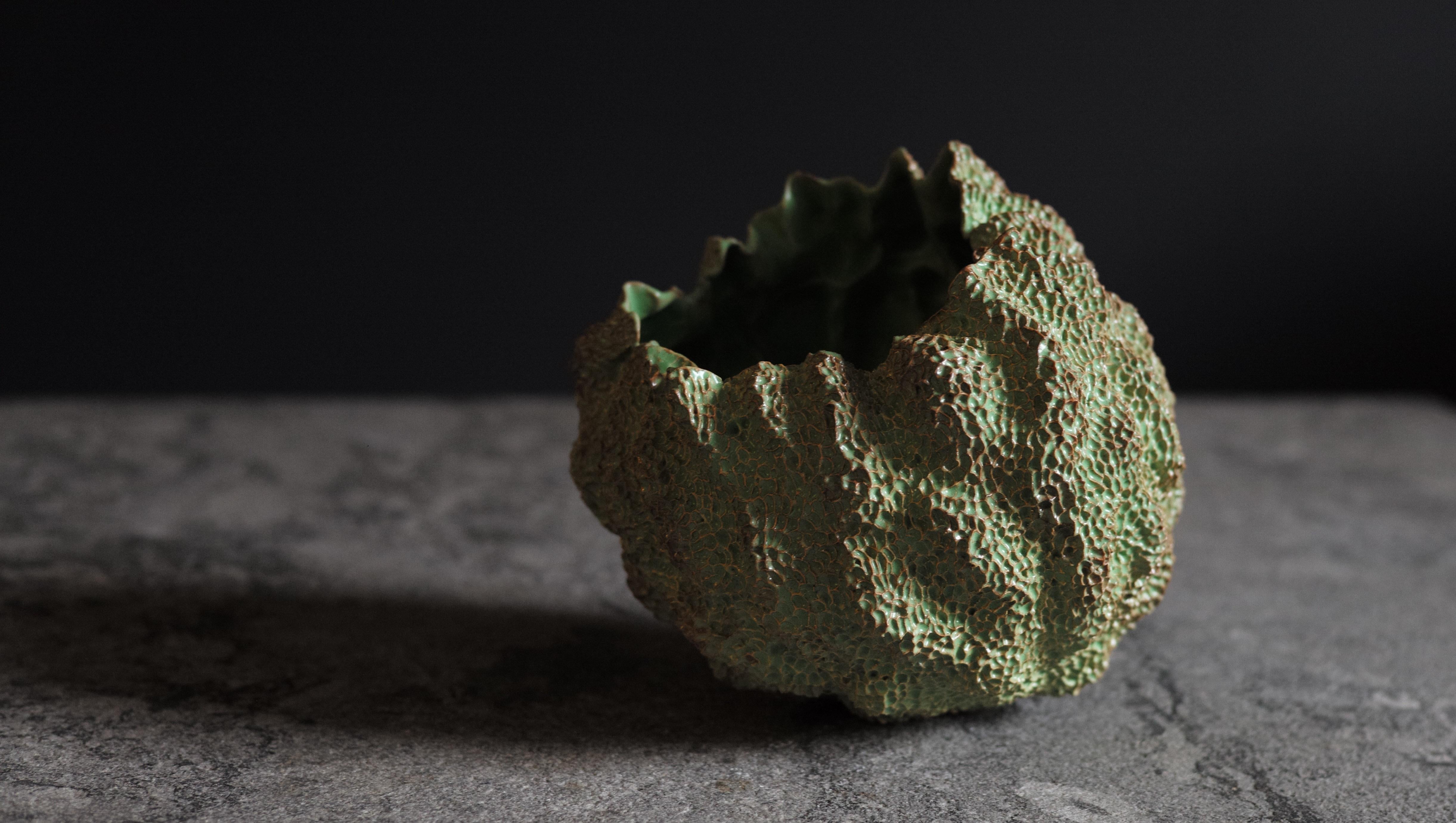 Contemporary Green Urchin Ceramic Carved Sculpture by Lana Kova