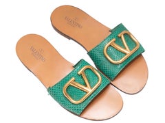Green Valentino Snakeskin Flat Slide Sandals Size 37