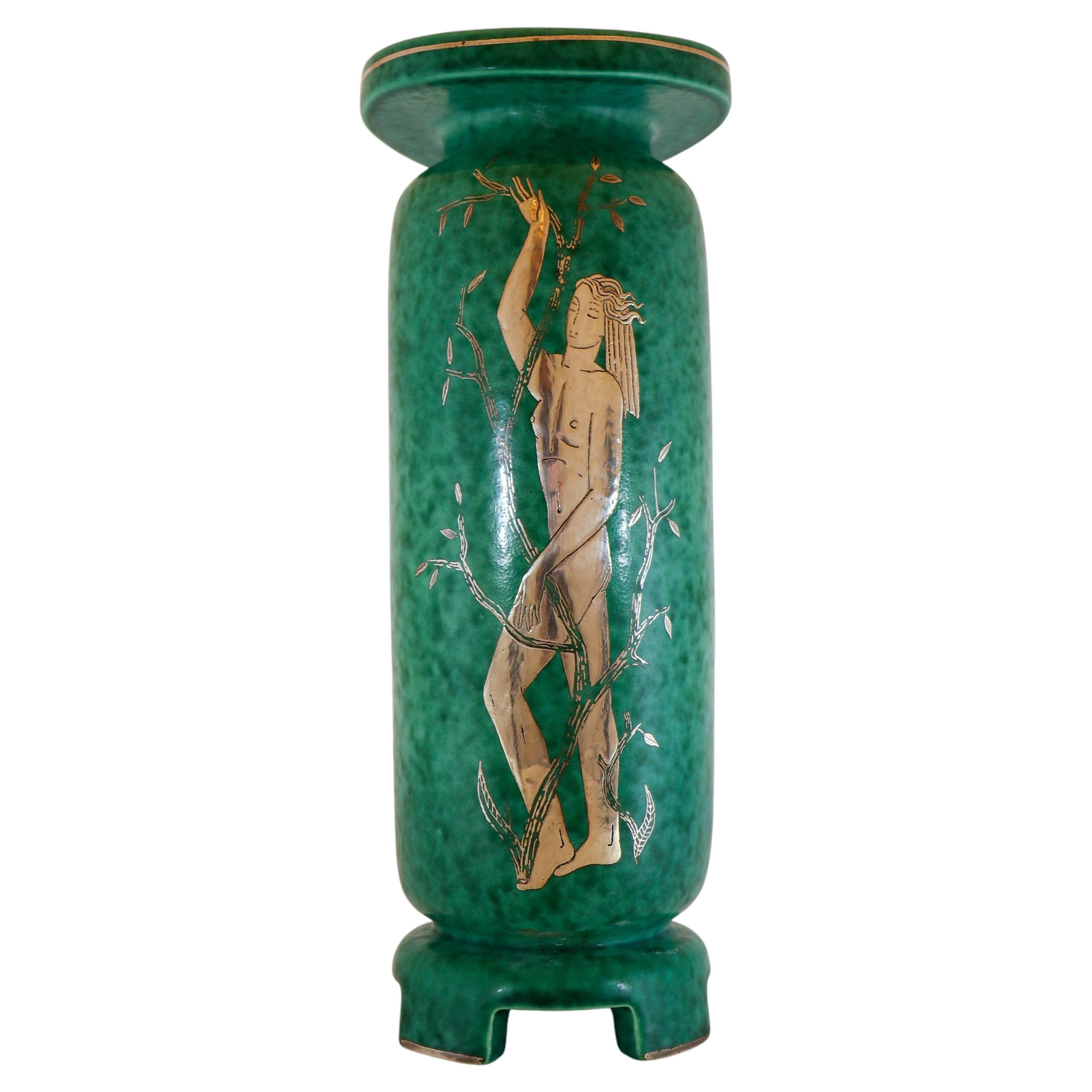 Green Vase Argenta Wilhelm Kåge Gustavsberg Green, Silver Decor 1954 For Sale