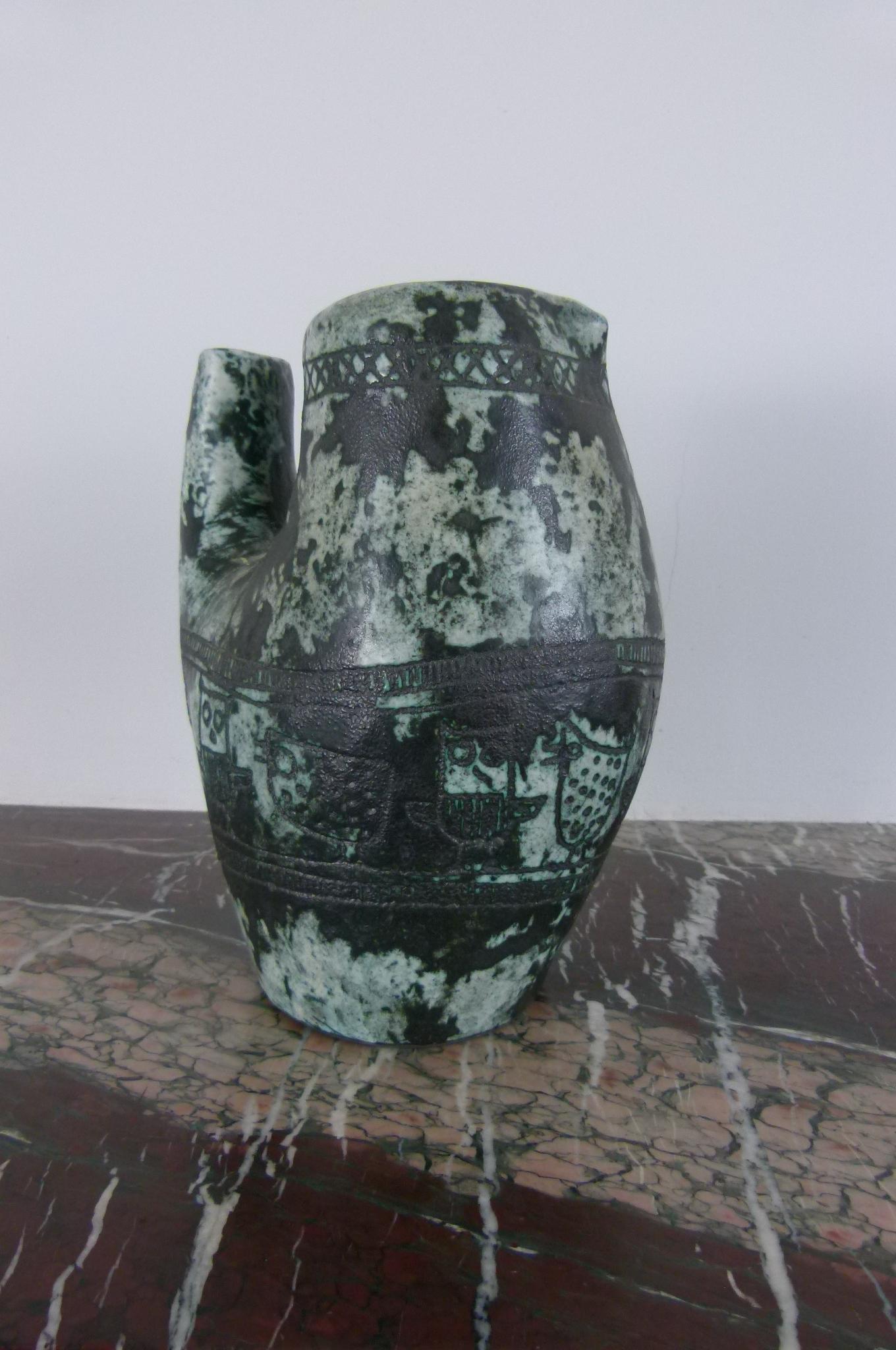 Ceramic Green Vase-Pitcher by Jacques Blin, circa 1950 For Sale
