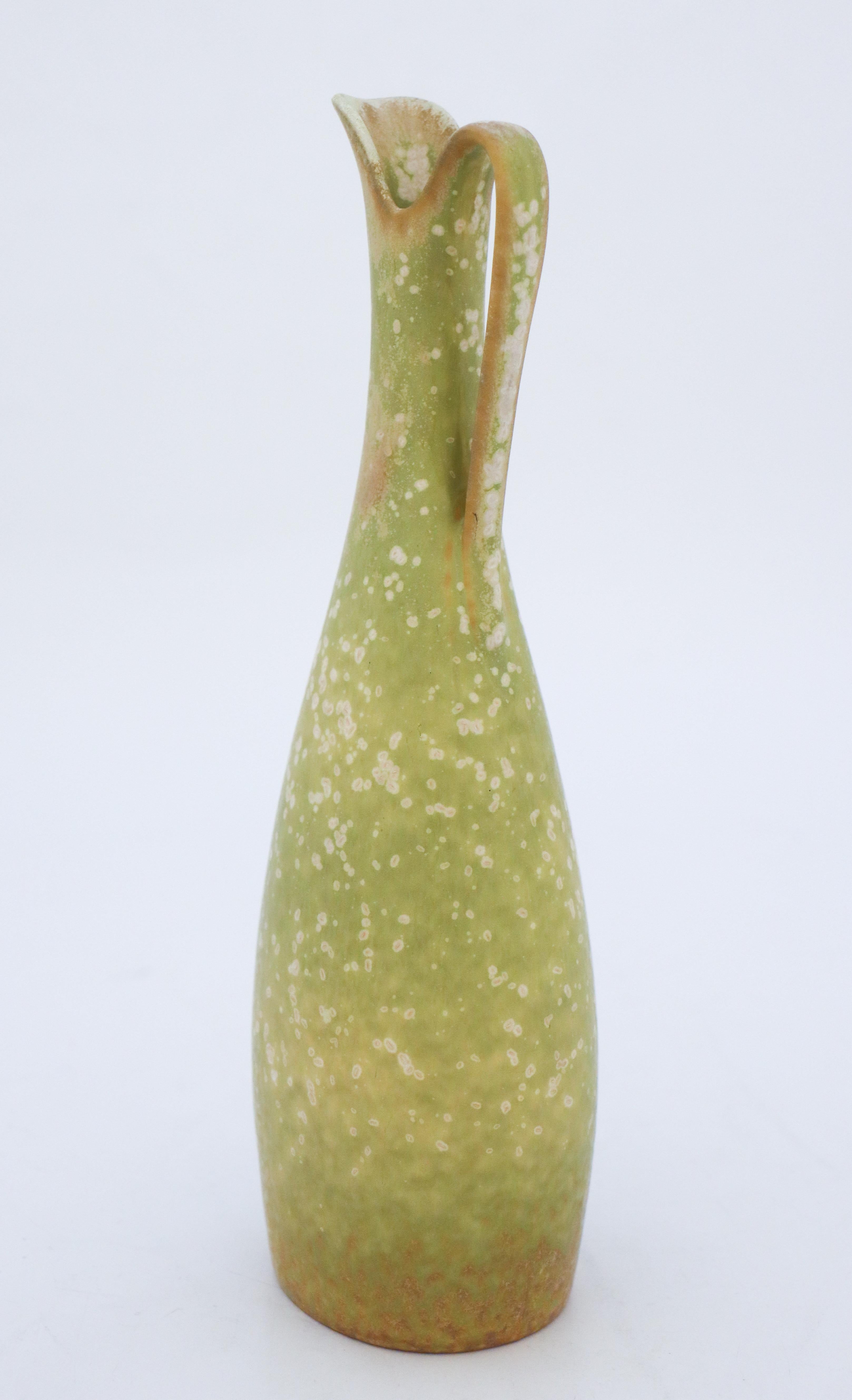 Swedish Green Vase with Handle, Gunnar Nylund, Rörstrand, 1950s, Mid Century Vintage For Sale