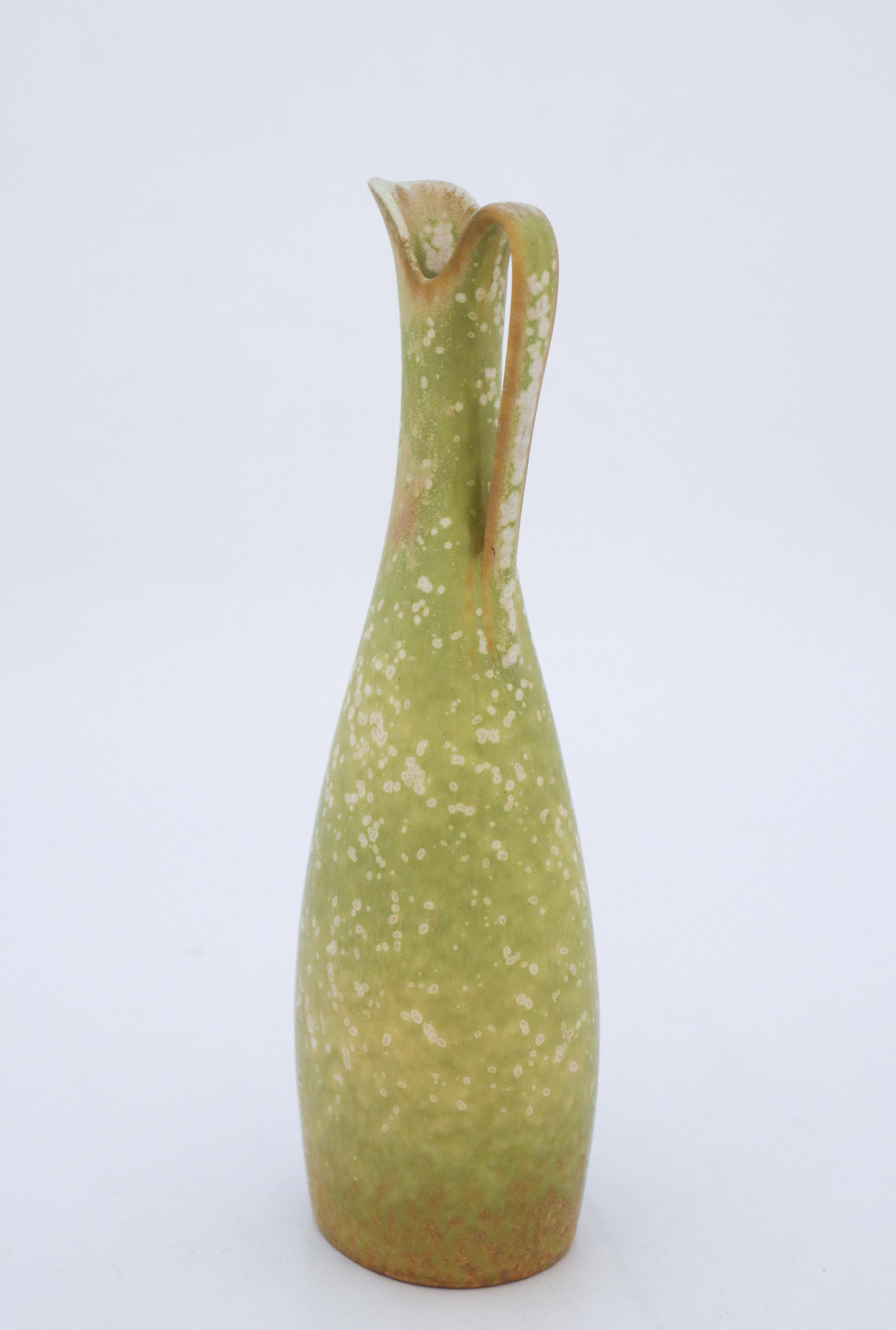 Glazed Green Vase with Handle, Gunnar Nylund, Rörstrand, 1950s, Mid Century Vintage For Sale