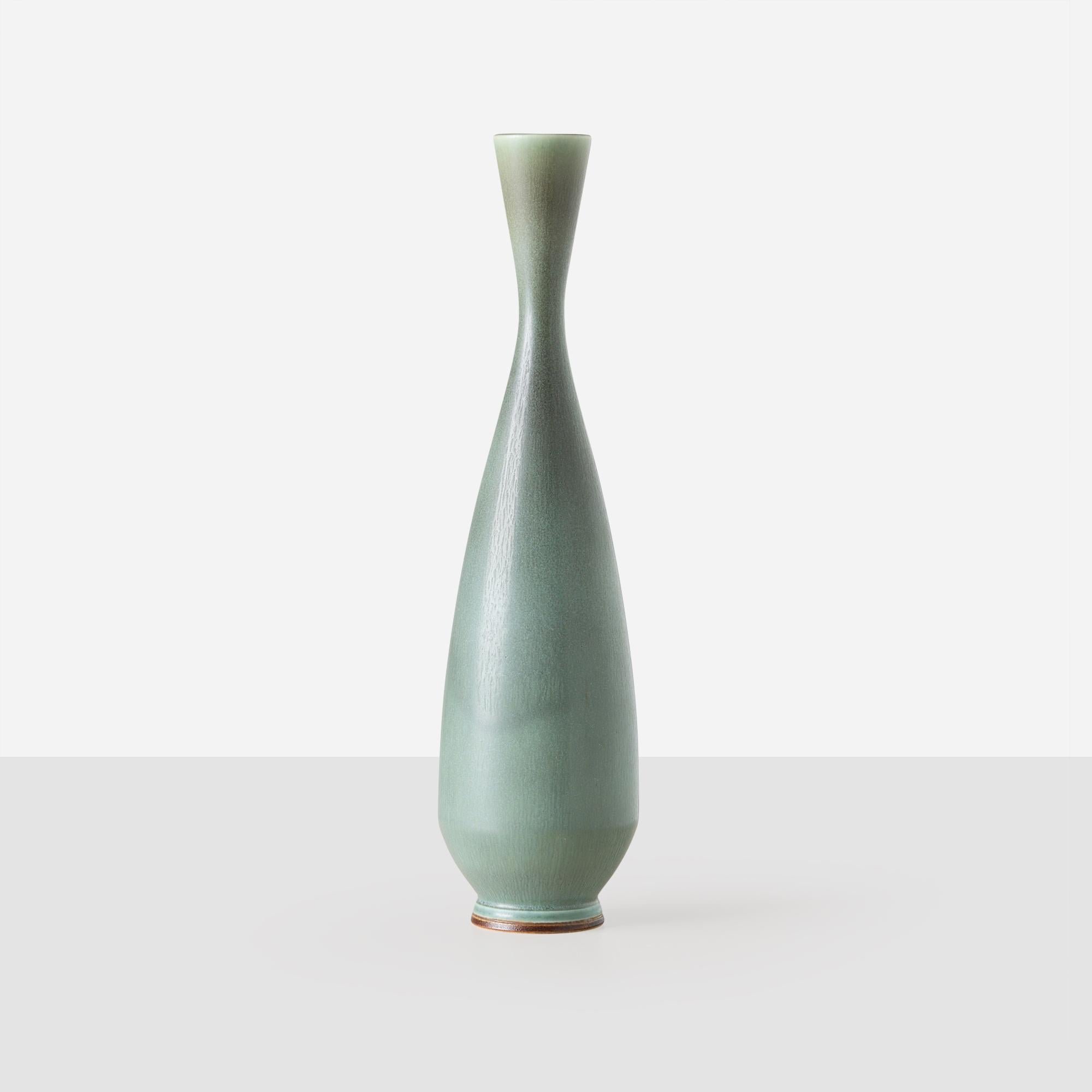 Modern Green Vase with Long, Thin Neck by Berndt Friberg for Gustavsberg For Sale