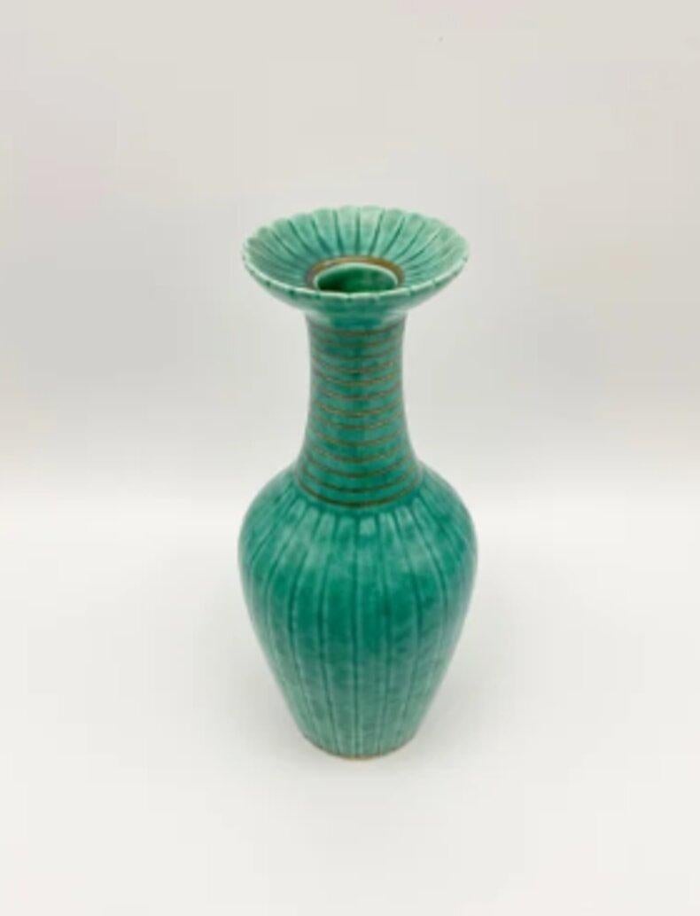 Modern Green Vase With Ridges by Wilhelm Kåge For Sale