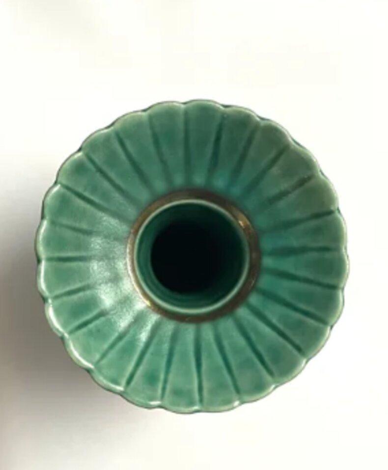 Swedish Green Vase With Ridges by Wilhelm Kåge For Sale