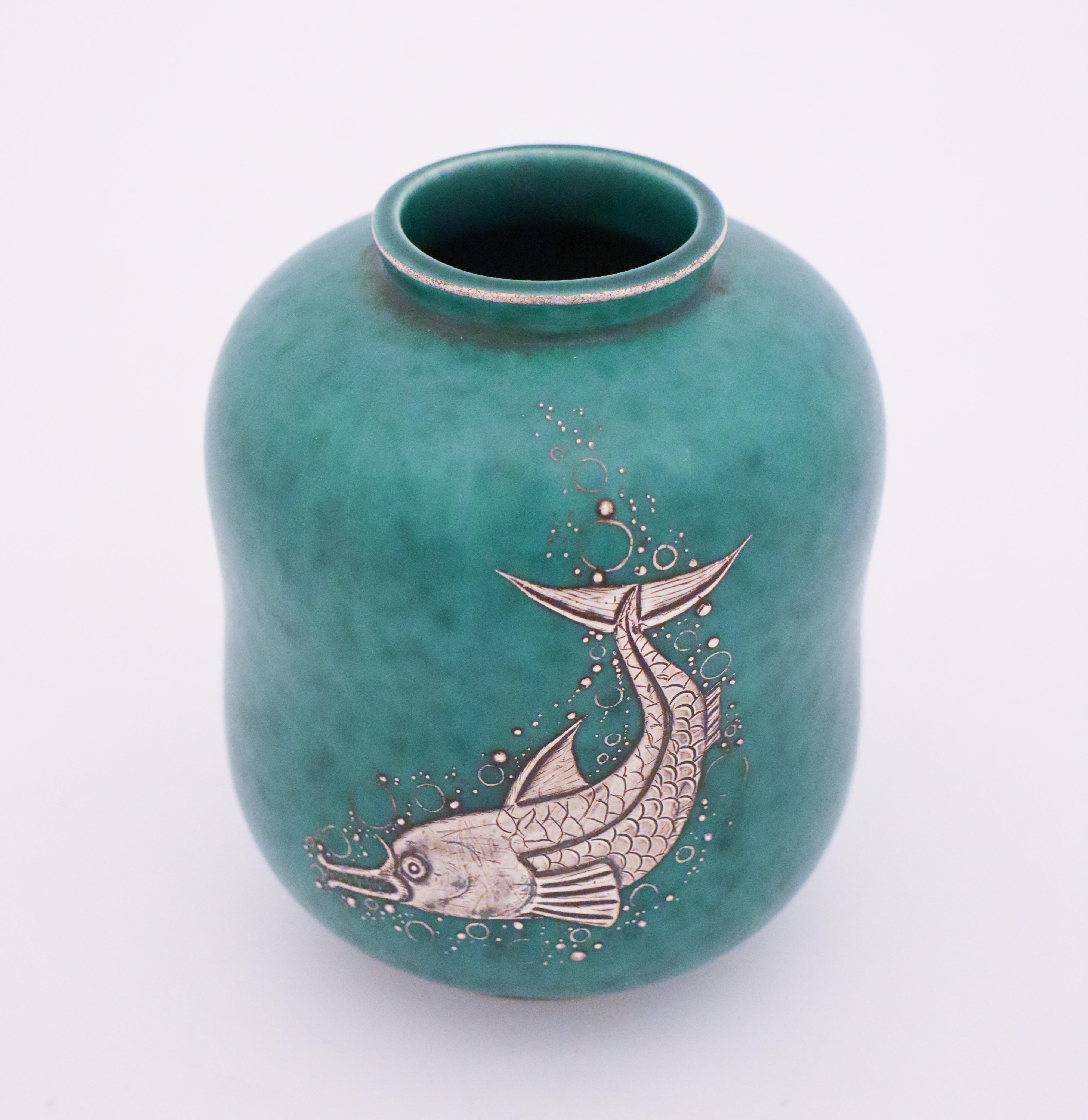 Scandinavian Modern Green Vase with Silver Decor of a Fish, Argenta, Wilhelm Kåge Gustavsberg, 1930s