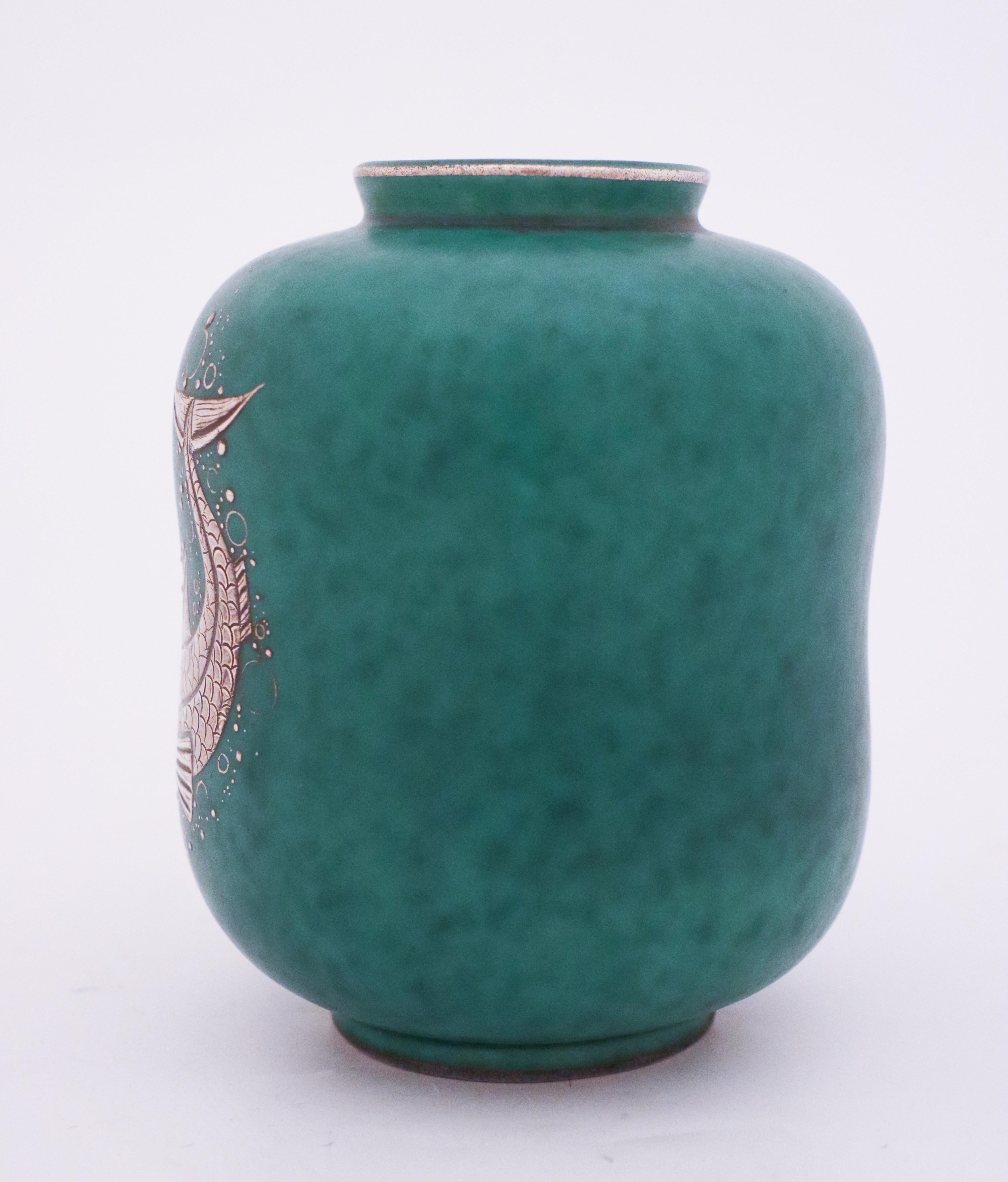 Swedish Green Vase with Silver Decor of a Fish, Argenta, Wilhelm Kåge Gustavsberg, 1930s